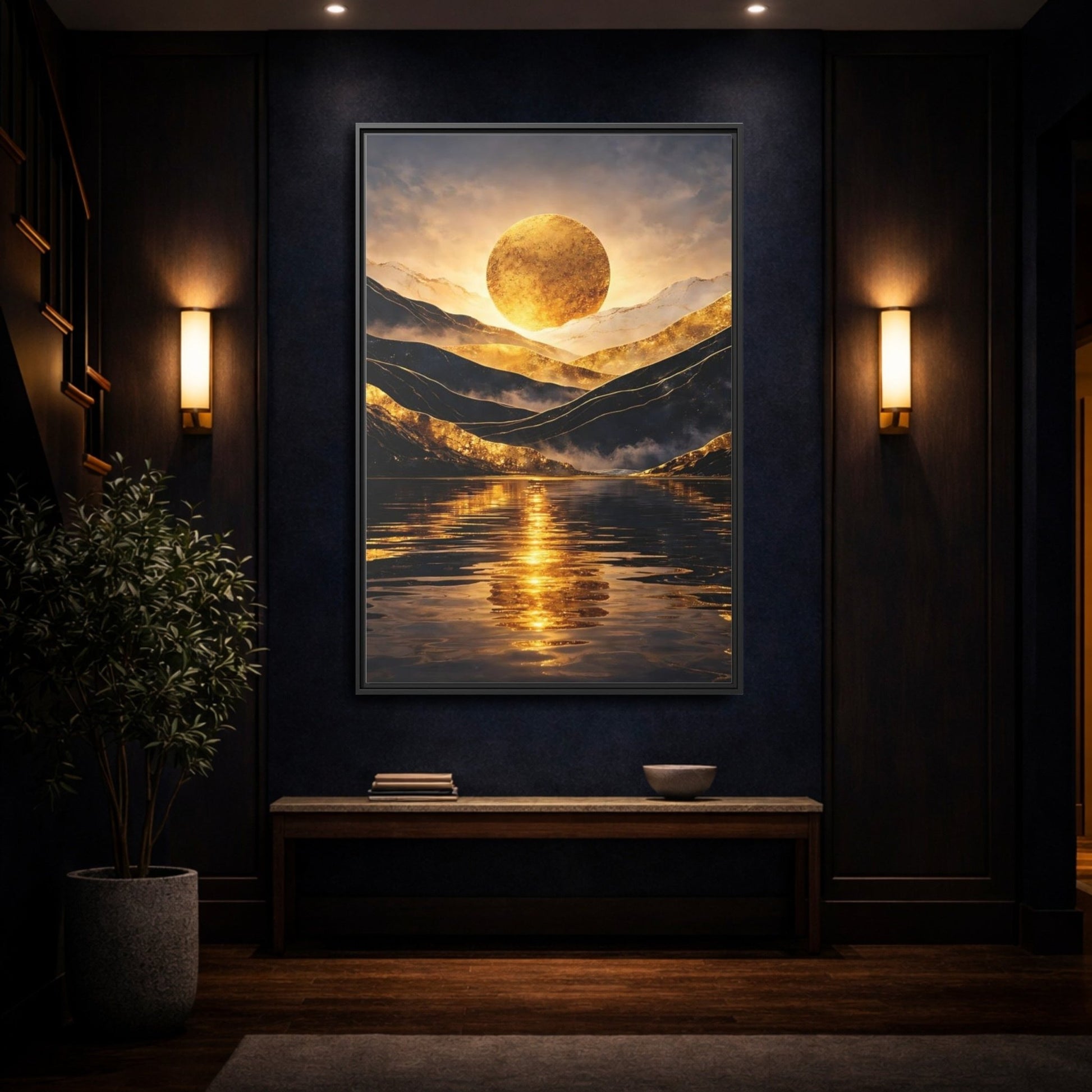 Nature Golden Mountains Gold - Framed Canvas Wall Art Print - YesArtYes