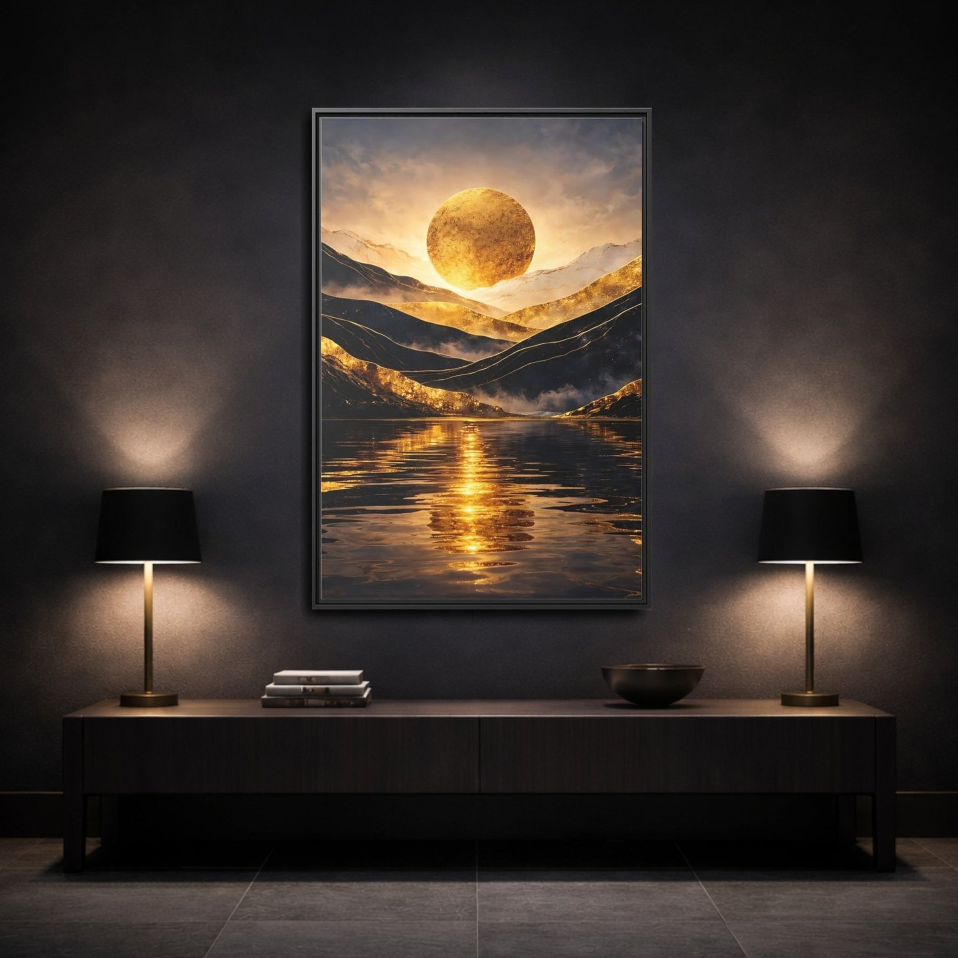 Nature Golden Mountains Gold - Framed Canvas Wall Art Print - YesArtYes