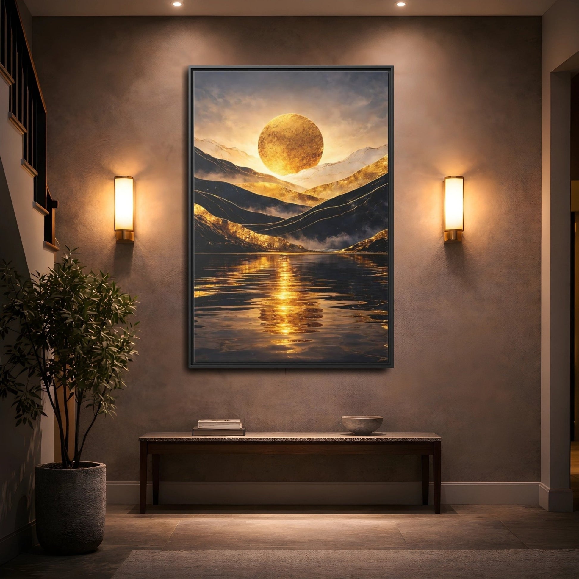Nature Golden Mountains Gold - Framed Canvas Wall Art Print - YesArtYes