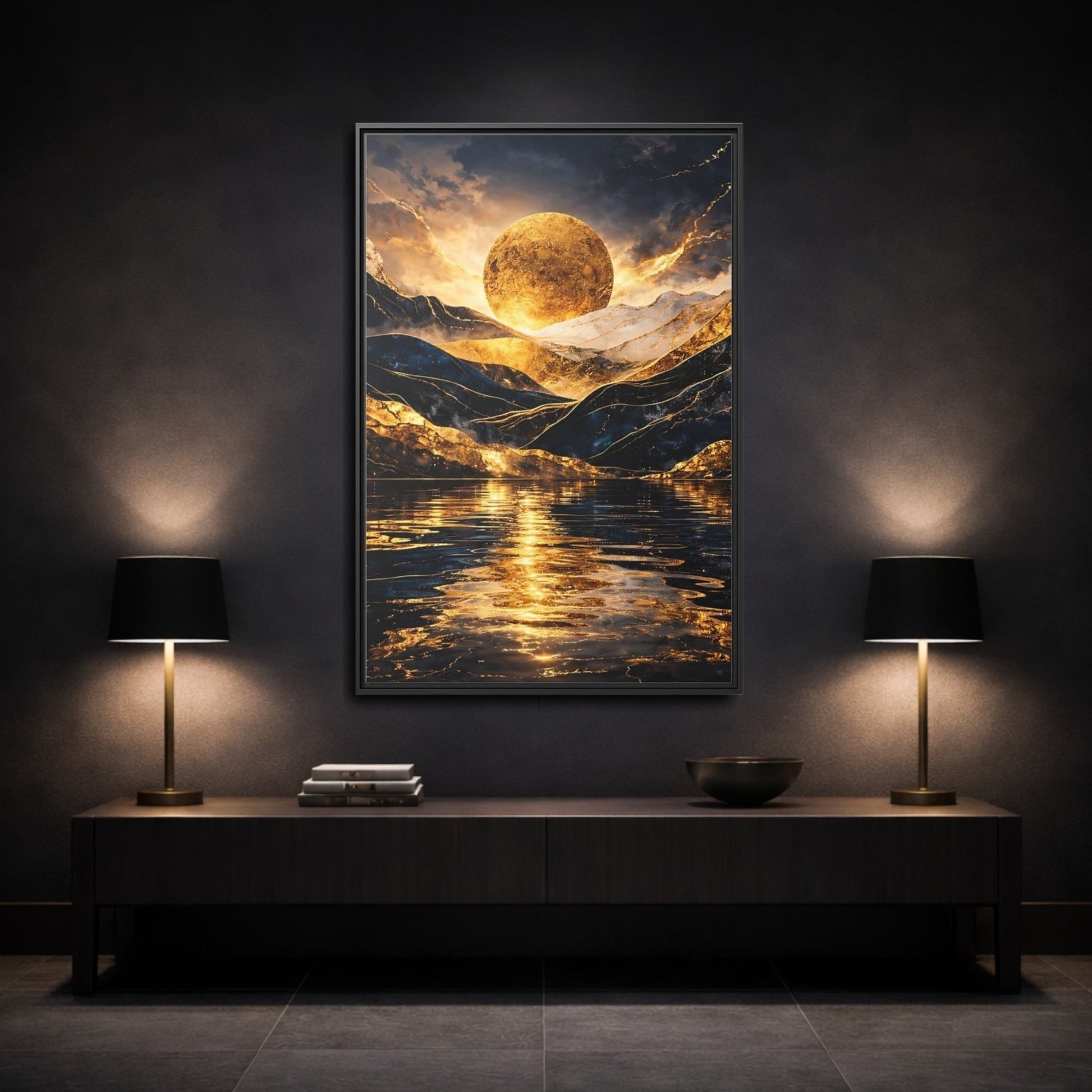 Nature Golden Mountains Gold - Framed Canvas Wall Art Print - YesArtYes