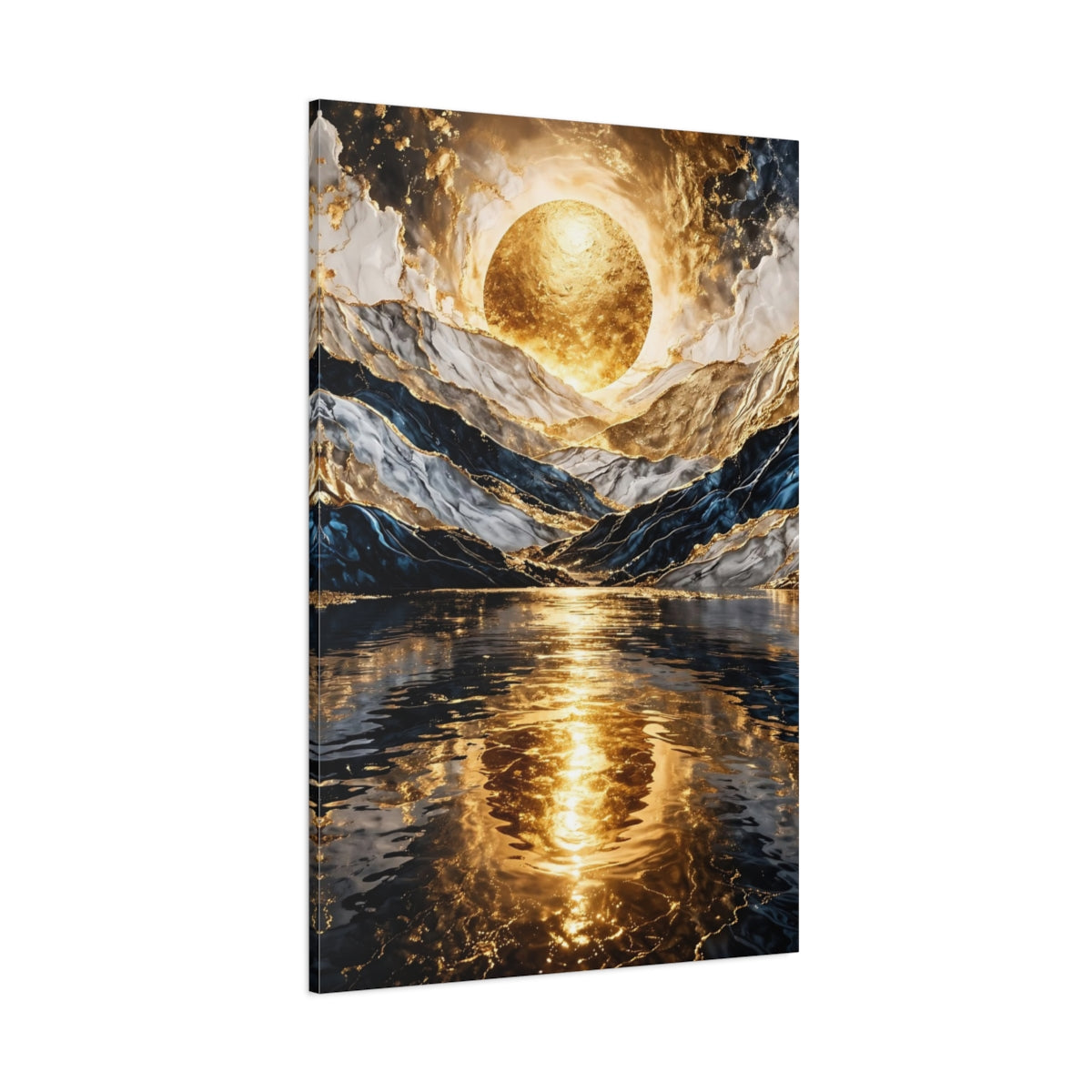 Main Mockup. Nature Golden Orb Gold And Blue shown as stretched canvas wall art