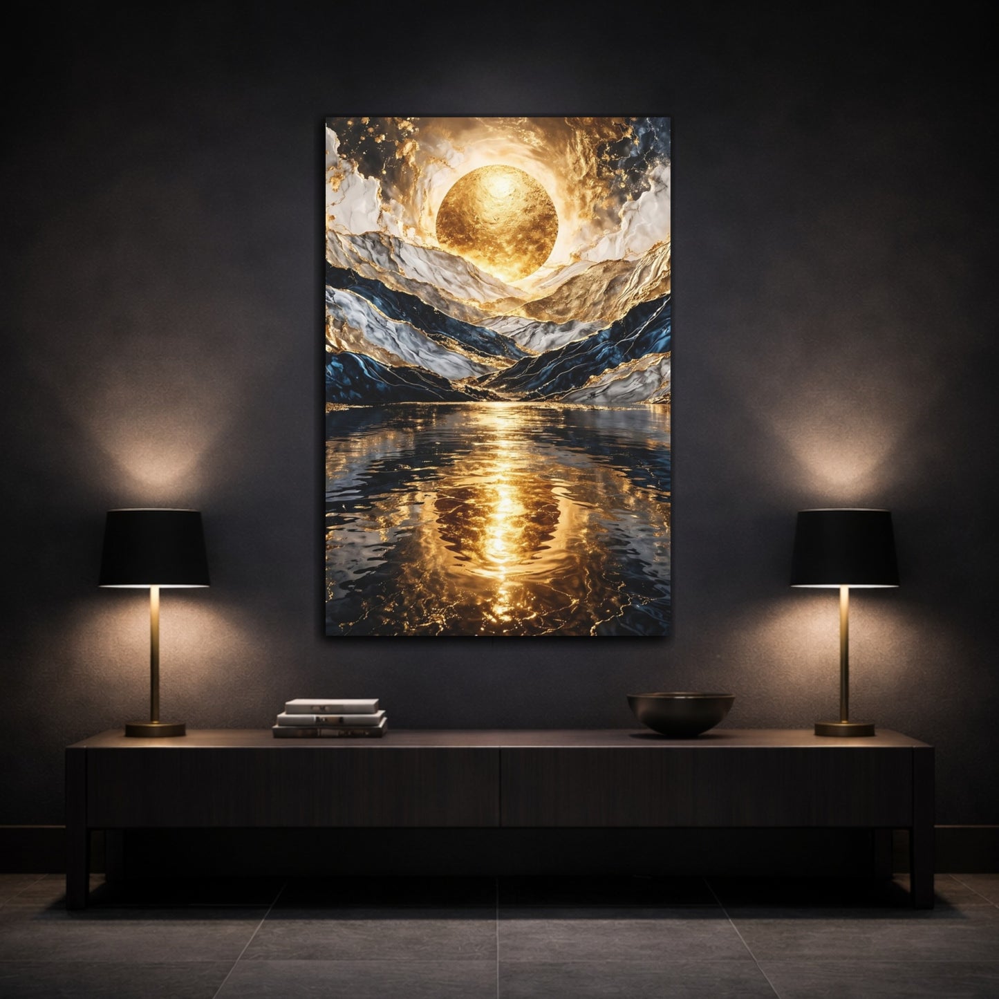 Mockup 2. Nature Golden Orb Gold And Blue shown as stretched canvas wall art