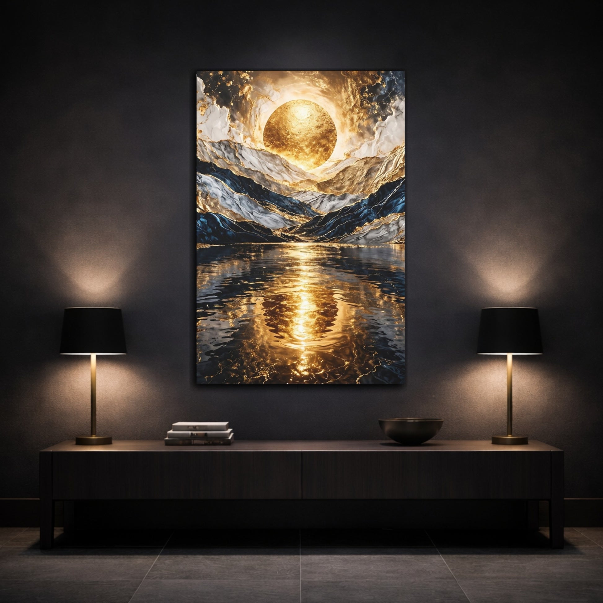 Mockup 2. Nature Golden Orb Gold And Blue shown as stretched canvas wall art