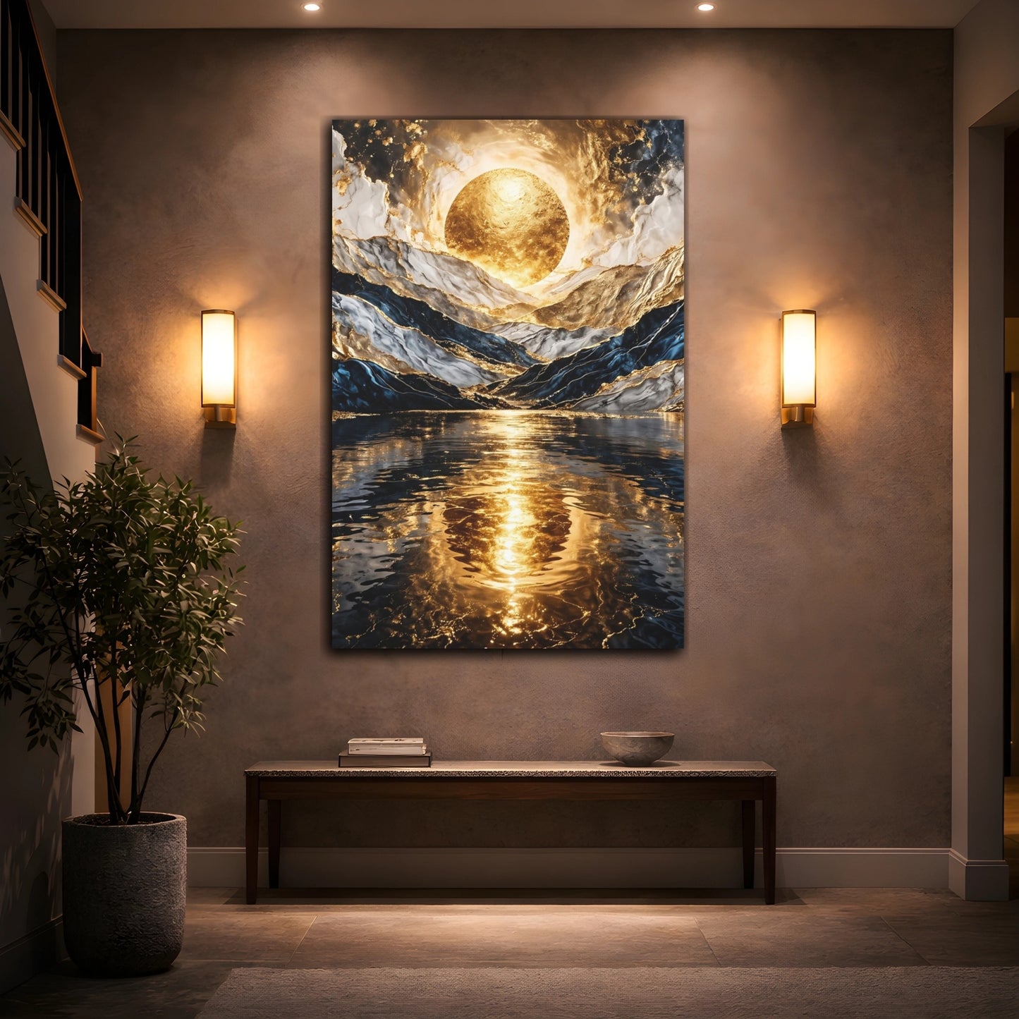 Mockup 3. Nature Golden Orb Gold And Blue shown as stretched canvas wall art
