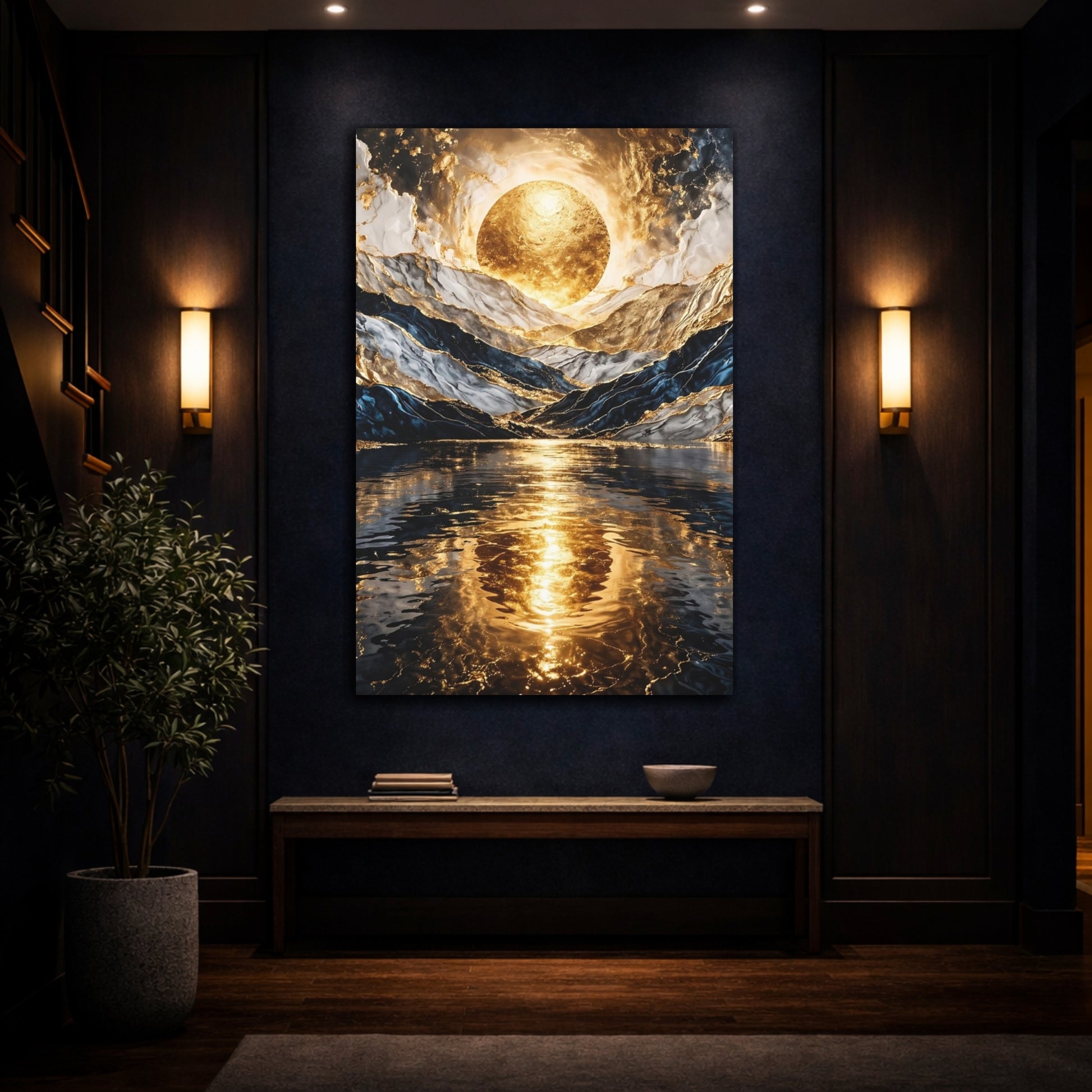 Mockup 4. Nature Golden Orb Gold And Blue shown as stretched canvas wall art