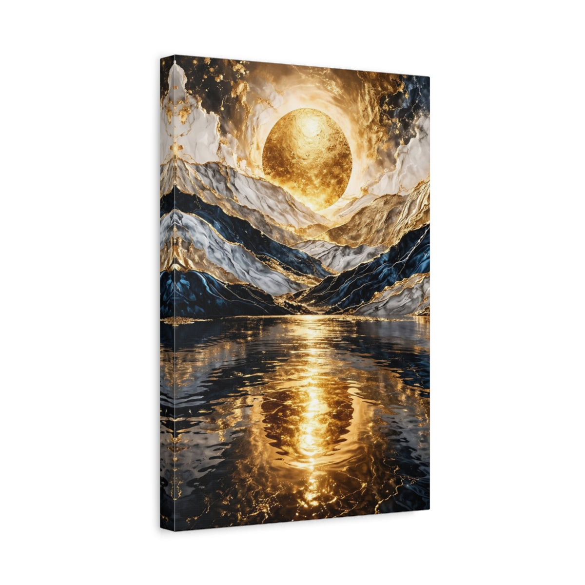 Side Mockup 4. Nature Golden Orb Gold And Blue shown as stretched canvas wall art