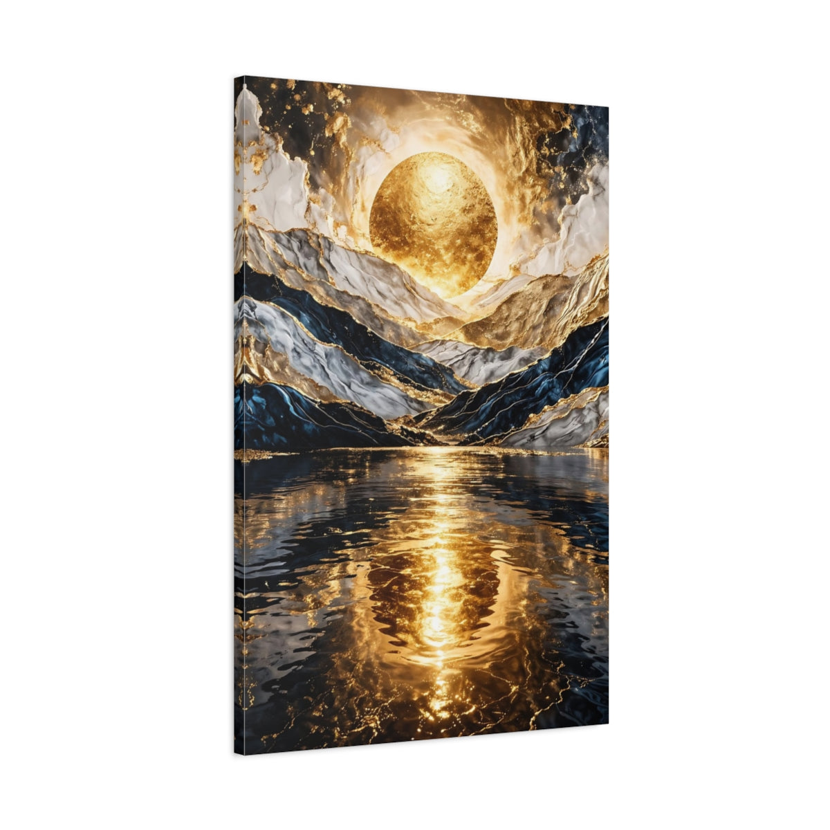 Side Mockup 1. Nature Golden Orb Gold And Blue shown as stretched canvas wall art
