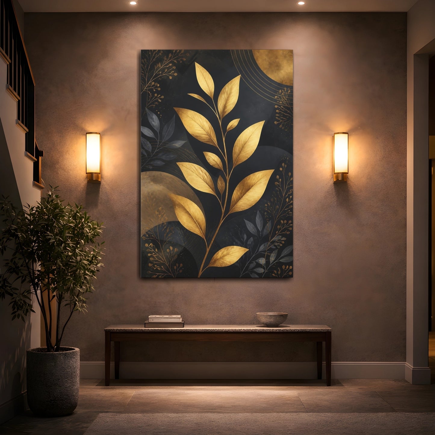 Mockup 2. Nature Golden Plant Gold And Black shown as stretched canvas wall art