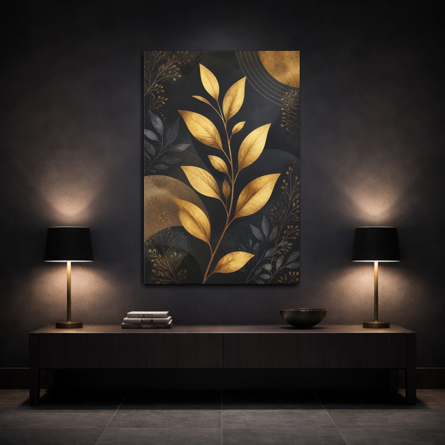 Mockup 3. Nature Golden Plant Gold And Black shown as stretched canvas wall art