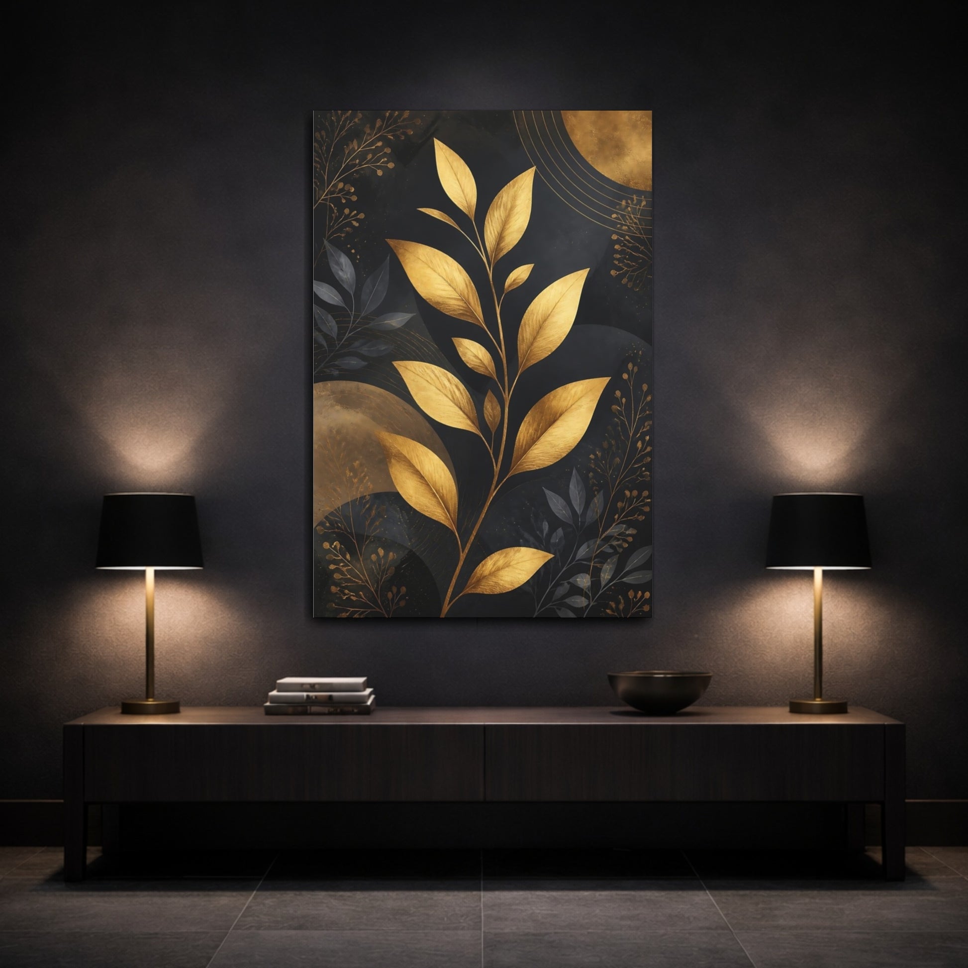 Mockup 3. Nature Golden Plant Gold And Black shown as stretched canvas wall art