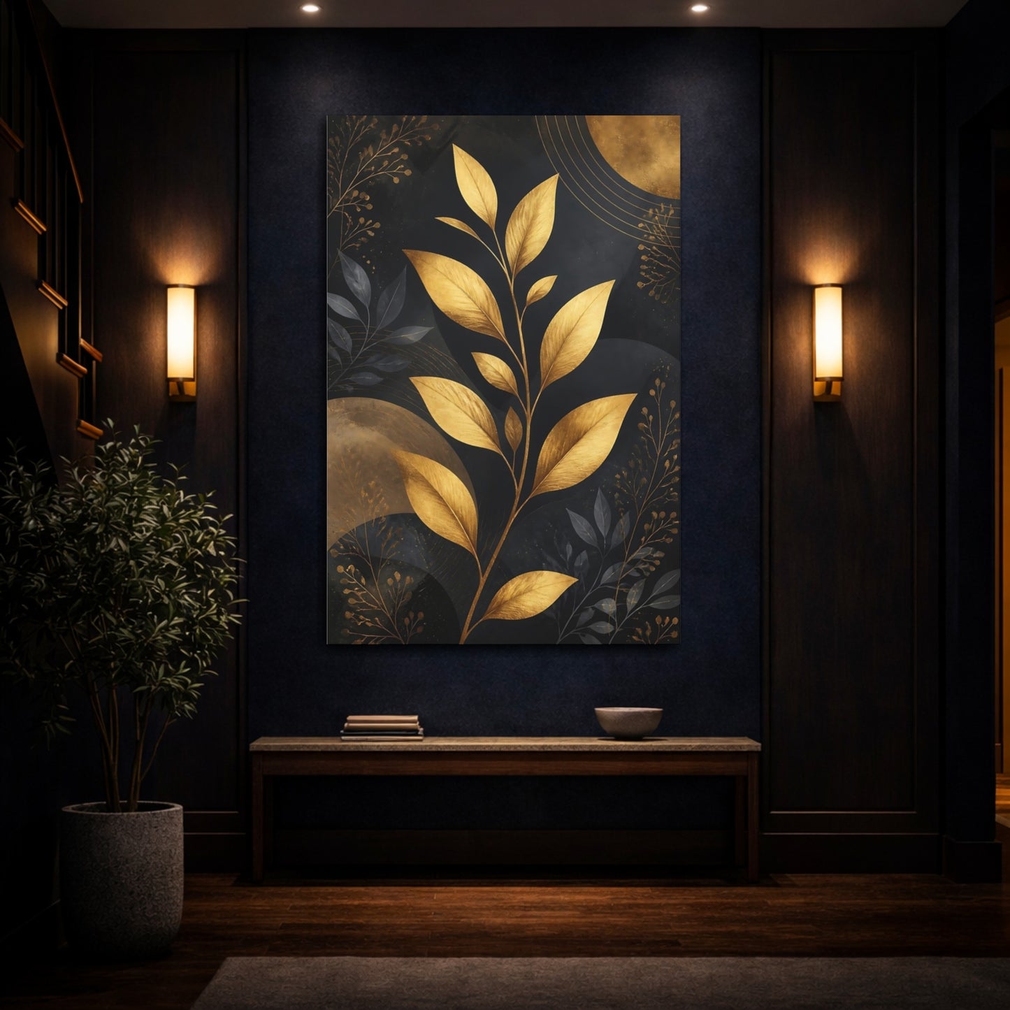 Mockup 4. Nature Golden Plant Gold And Black shown as stretched canvas wall art