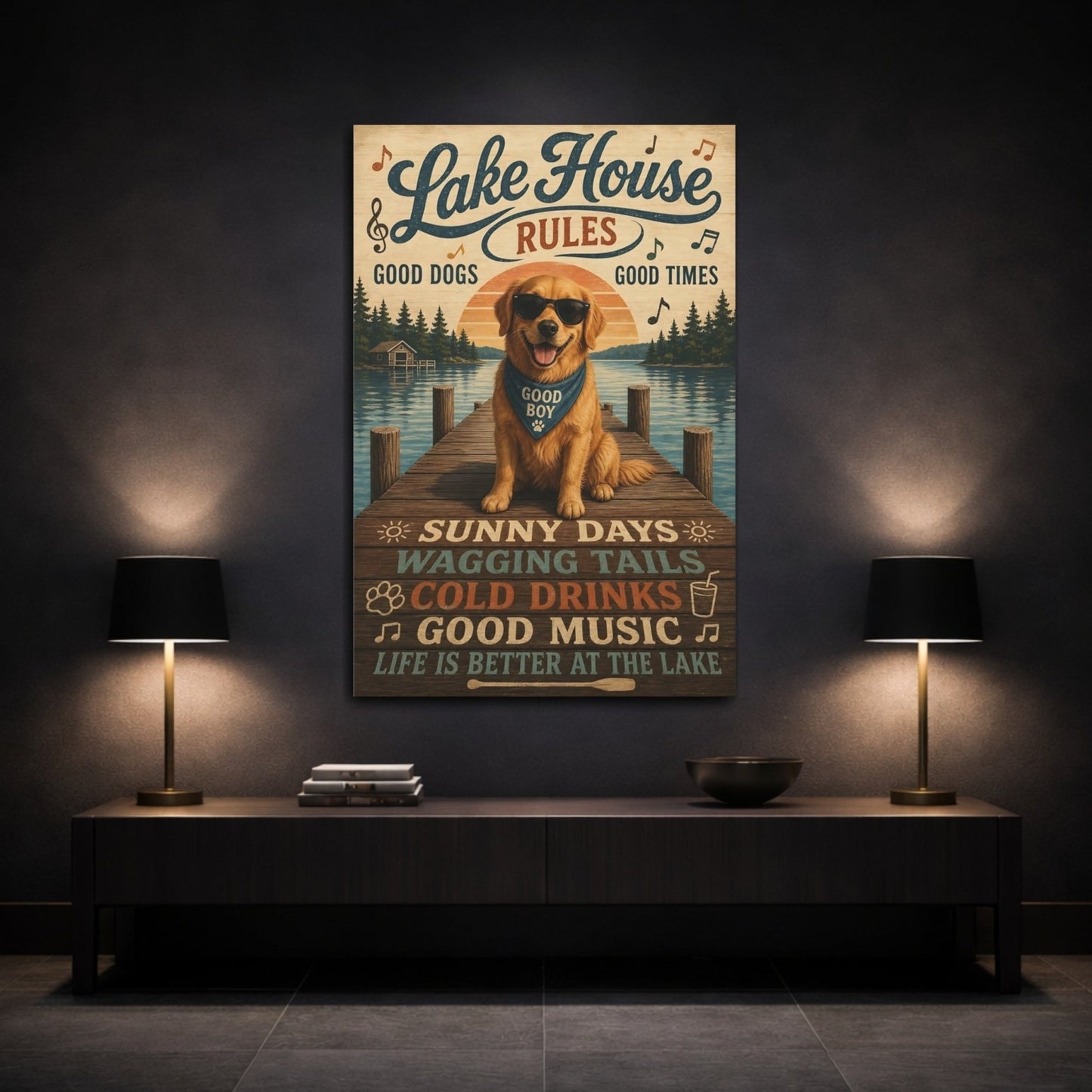Nature Golden Retriever Lake House Dog Canvas Print – Living Room, Above Couch - YesArtYes