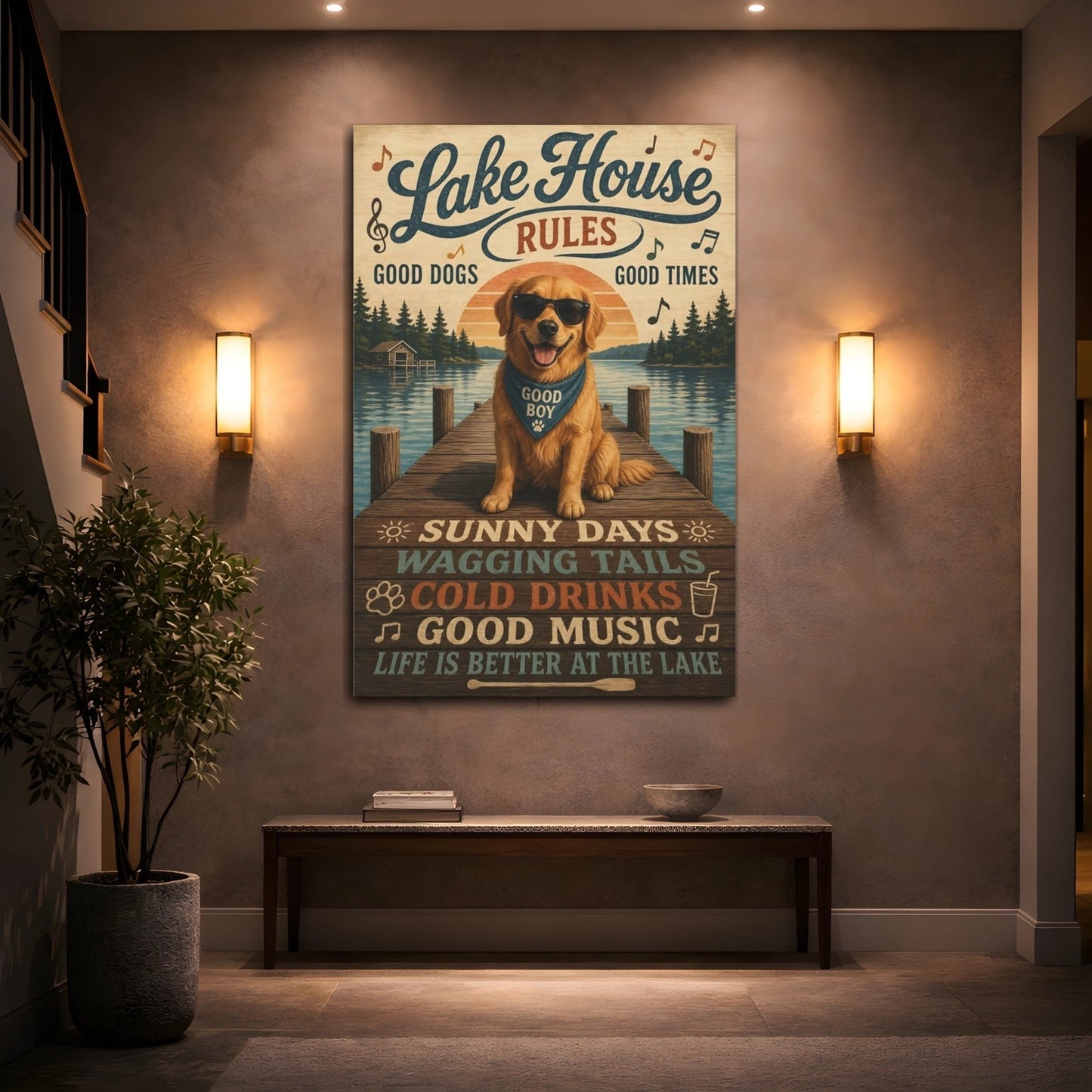 Nature Golden Retriever Lake House Dog Canvas Print – Living Room, Above Couch - YesArtYes