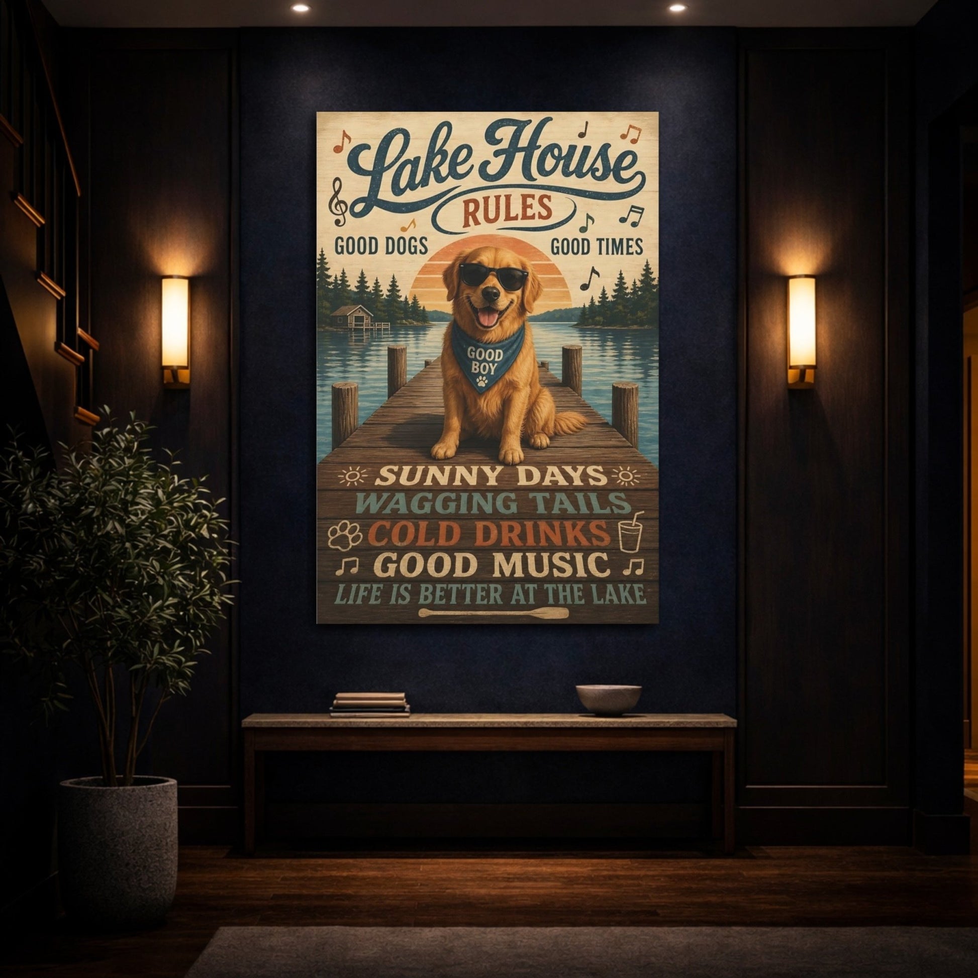 Nature Golden Retriever Lake House Dog Canvas Print – Living Room, Above Couch - YesArtYes