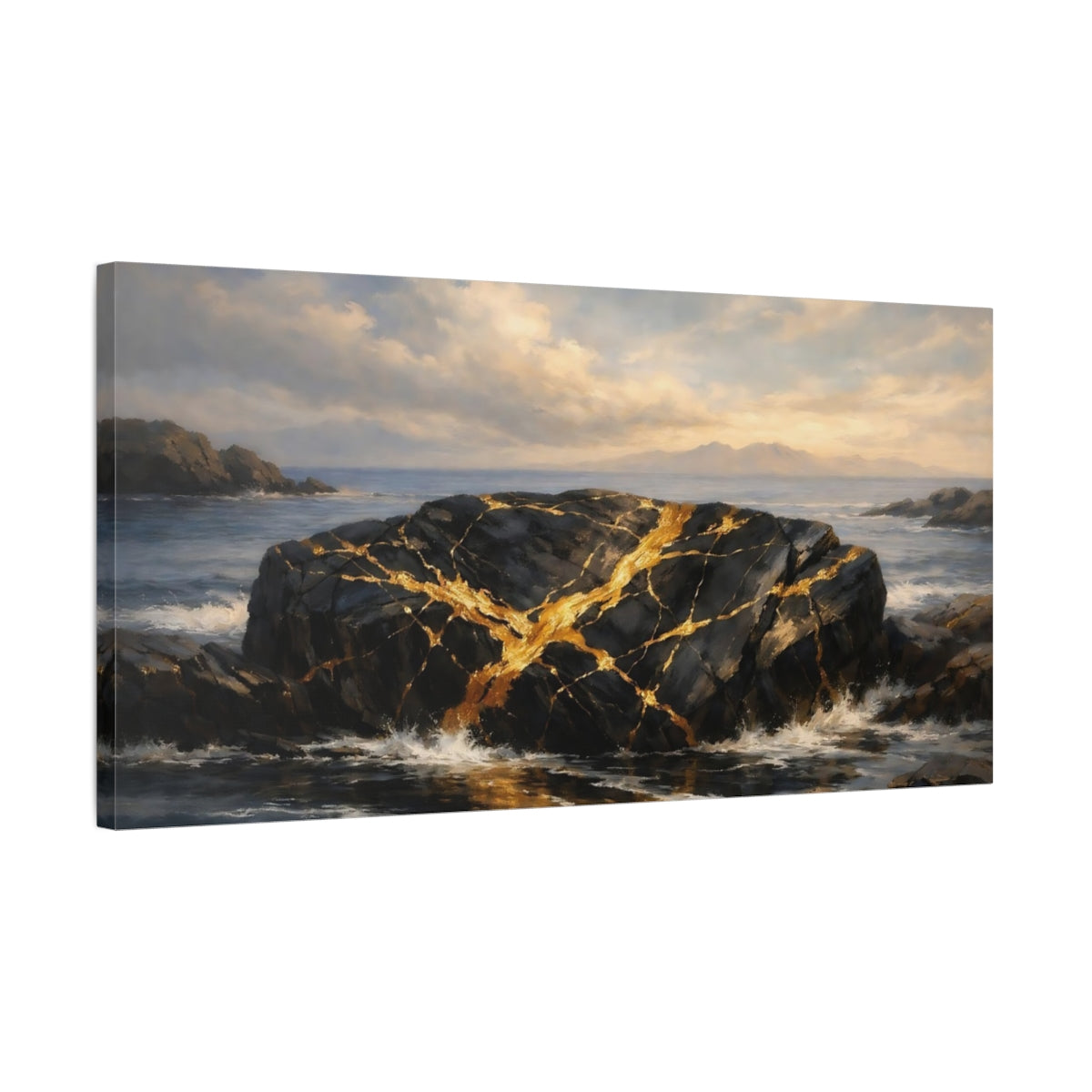 Side Mockup 2. Nature Golden Rock Black And Gold Ocean shown as stretched canvas wall art