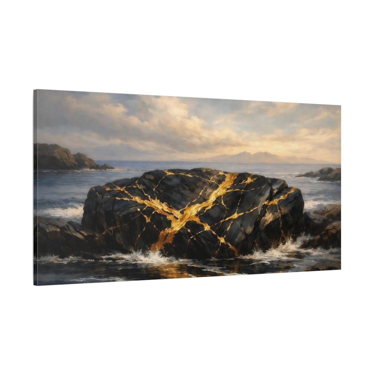 Main Mockup. Nature Golden Rock Black And Gold Ocean shown as stretched canvas wall art