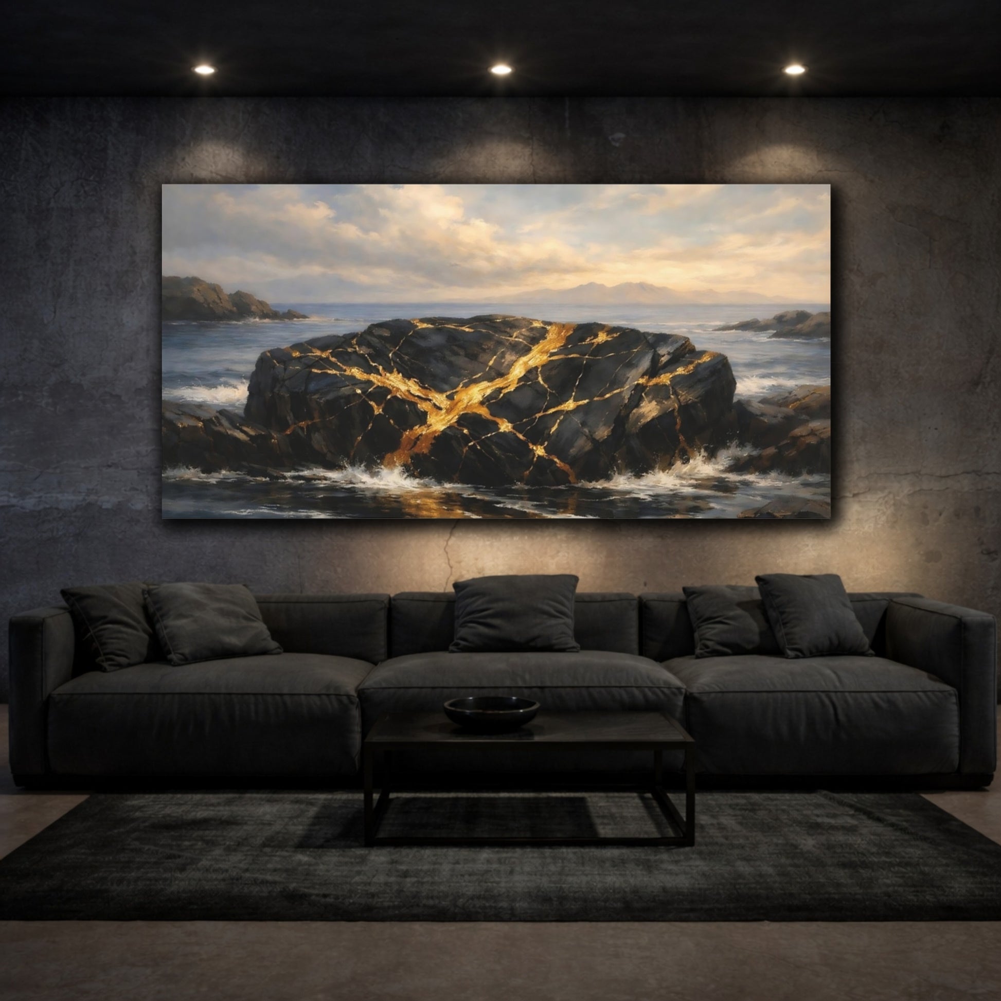 Mockup 2. Nature Golden Rock Black And Gold Ocean shown as stretched canvas wall art