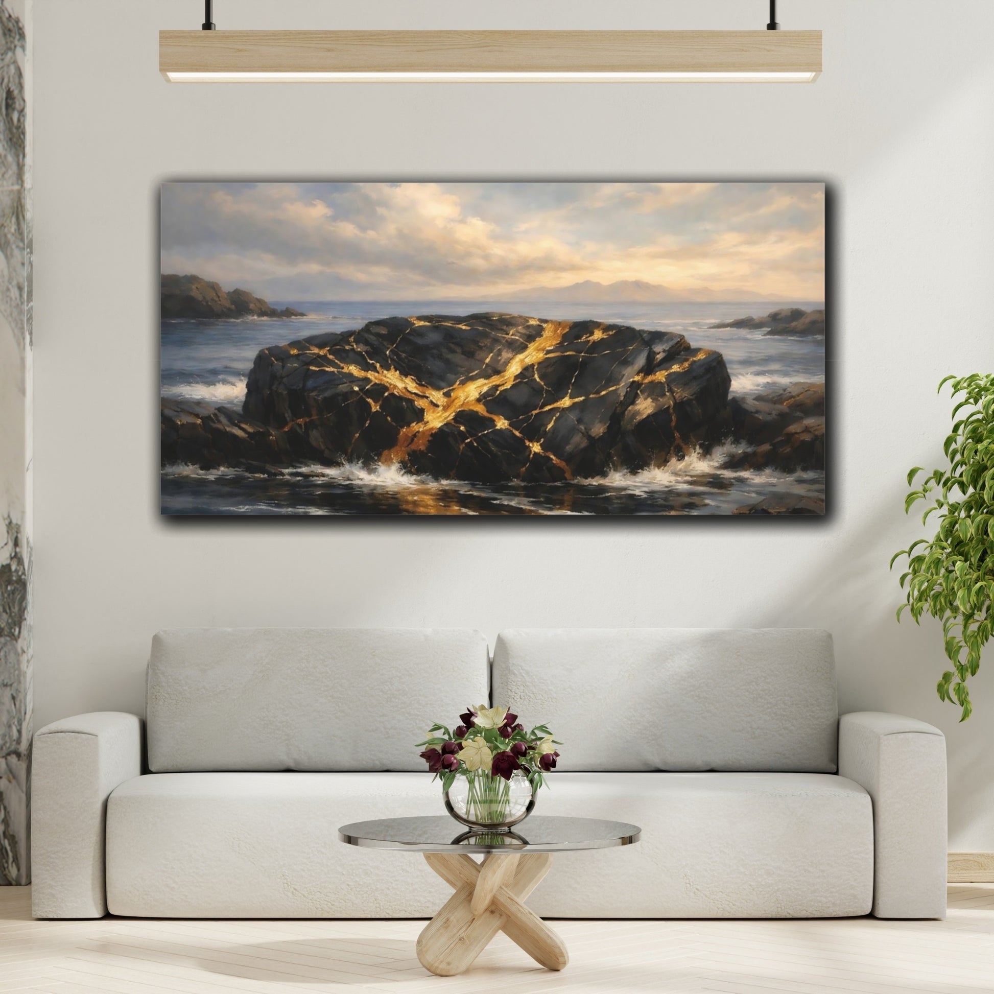 Mockup 3. Nature Golden Rock Black And Gold Ocean shown as stretched canvas wall art