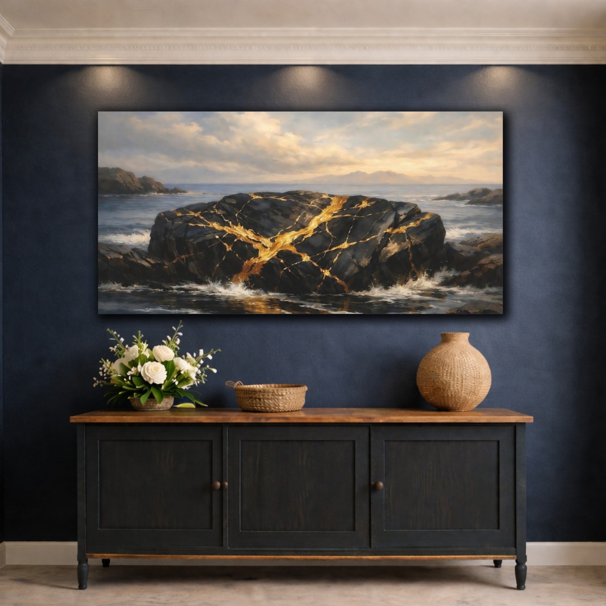 Mockup 4. Nature Golden Rock Black And Gold Ocean shown as stretched canvas wall art