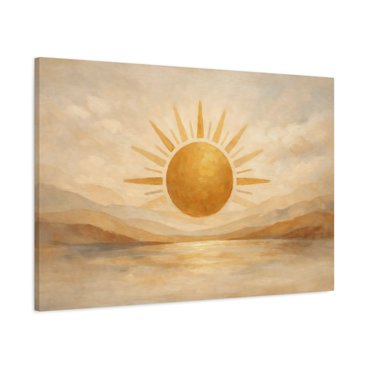 Side Mockup 1. Nature Golden Sun Golden Beige Landscape shown as stretched canvas wall art