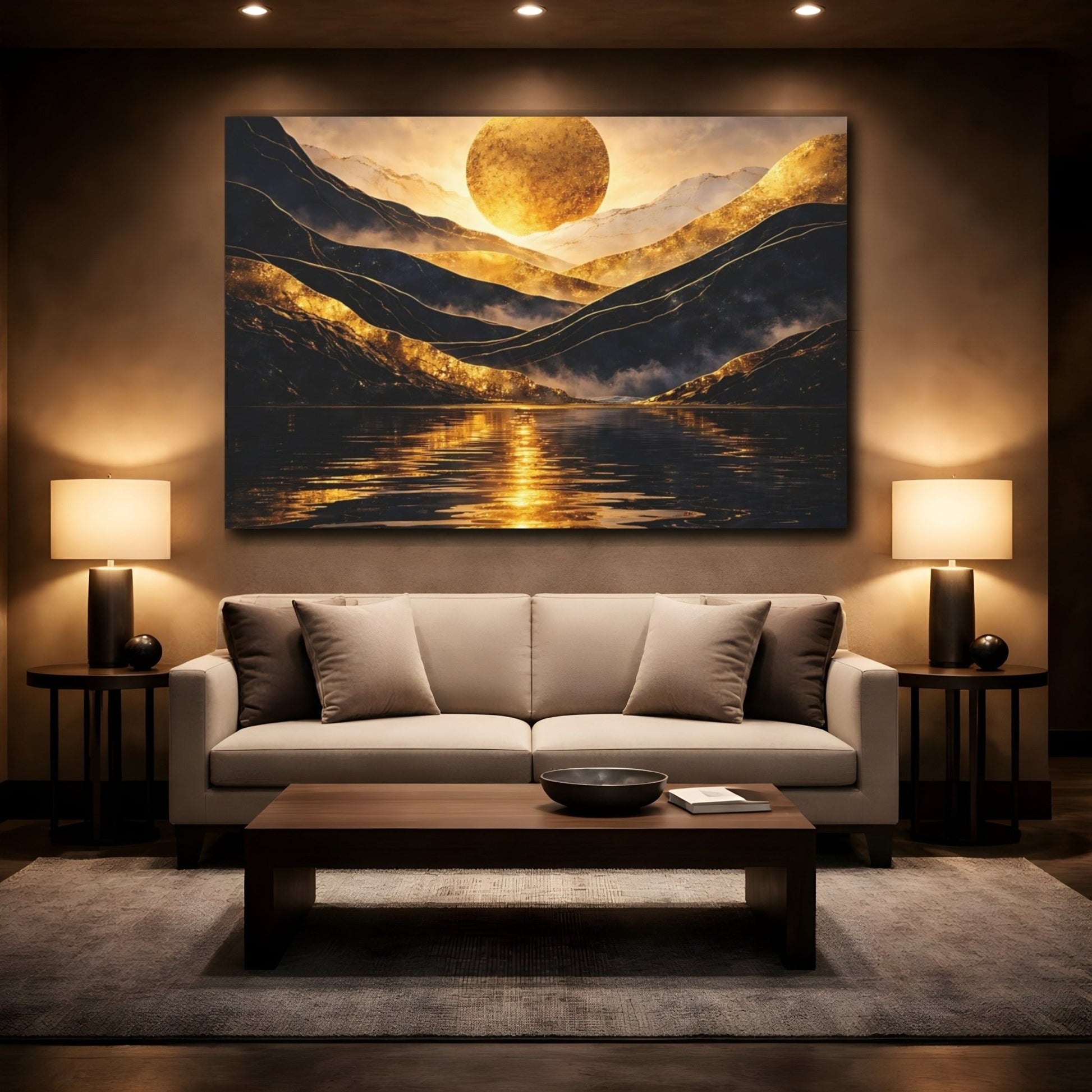 Nature Golden Sun Gold Mountain Lake - Canvas Wall Art Print - YesArtYes