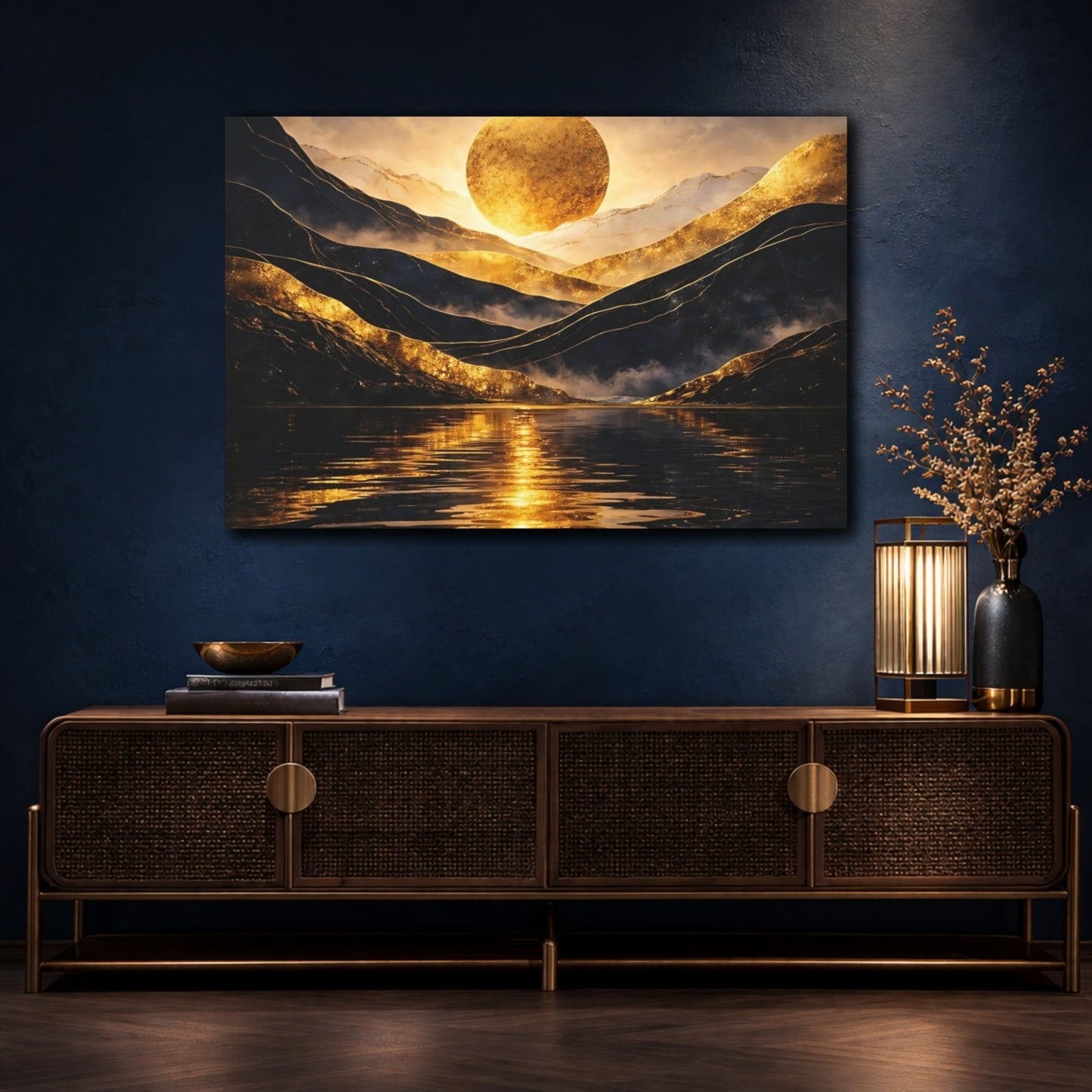 Nature Golden Sun Gold Mountain Lake - Canvas Wall Art Print - YesArtYes