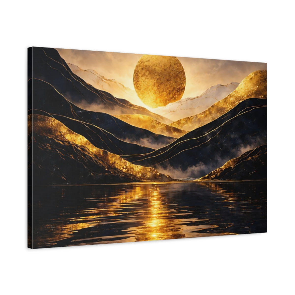 Side Mockup 2. Nature Golden Sun Gold Mountain Lake shown as stretched canvas wall art