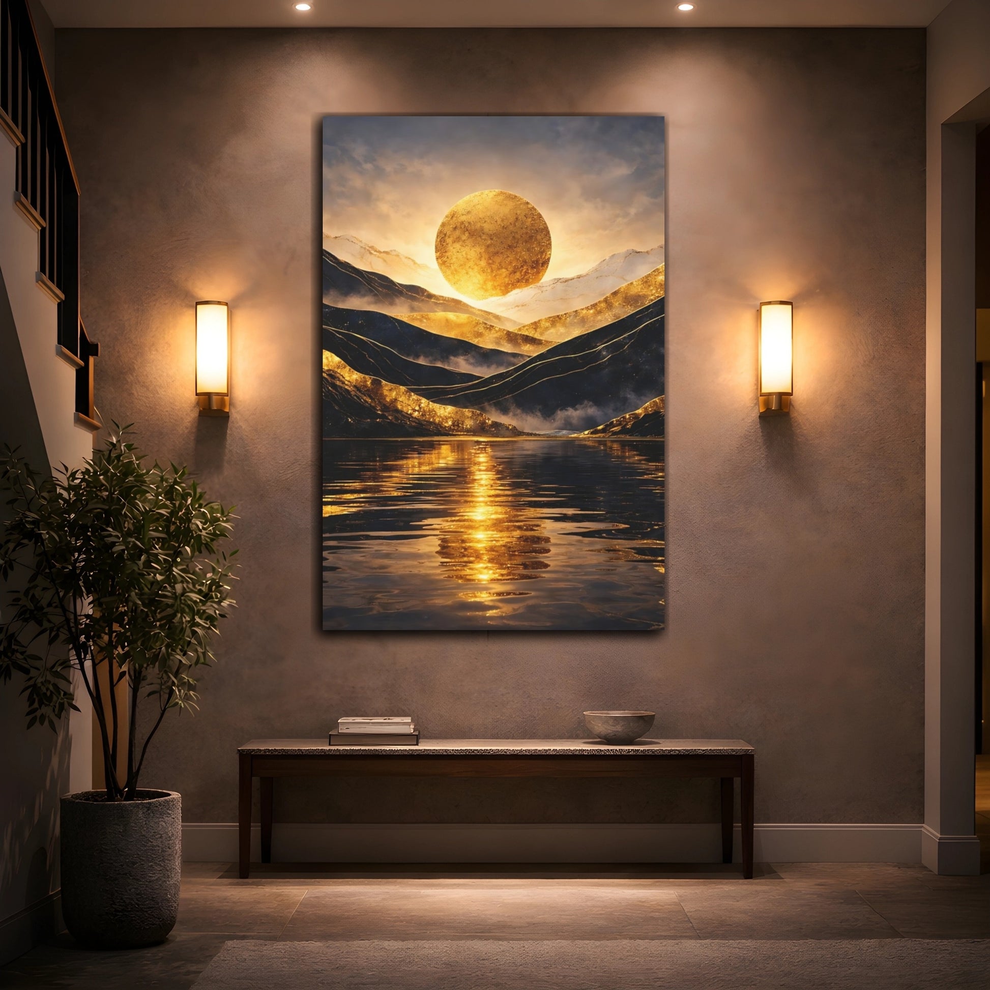 Mockup 3. Nature Golden Sun Golden And Black shown as stretched canvas wall art