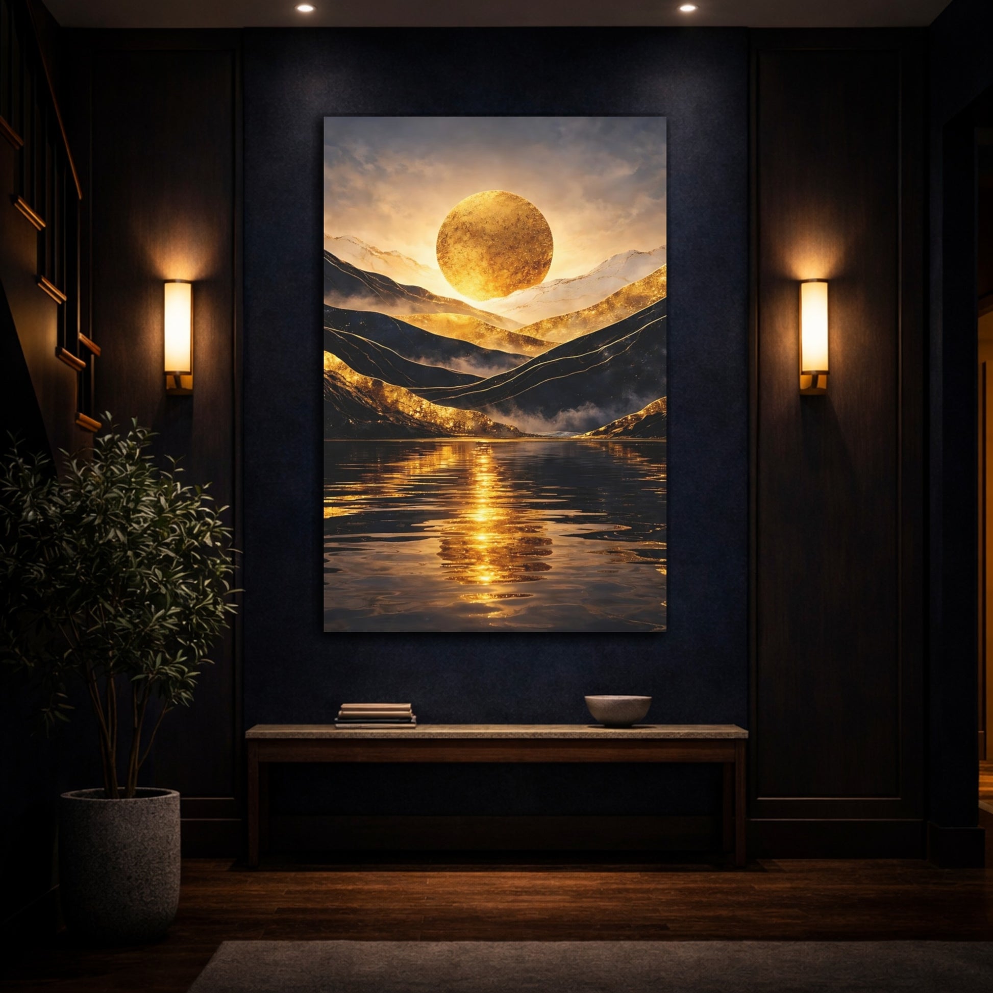 Mockup 4. Nature Golden Sun Golden And Black shown as stretched canvas wall art