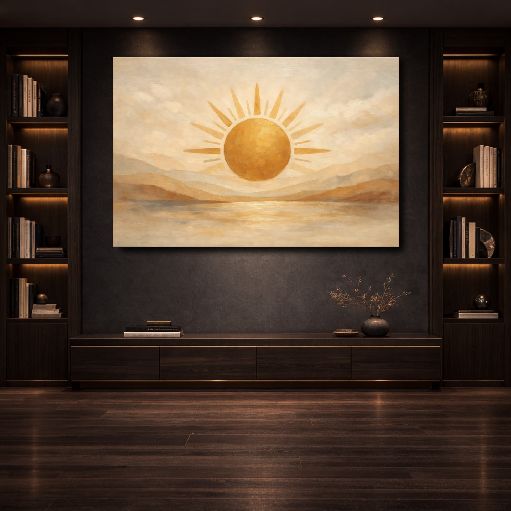 Mockup 3. Nature Golden Sun Golden Beige Landscape shown as stretched canvas wall art