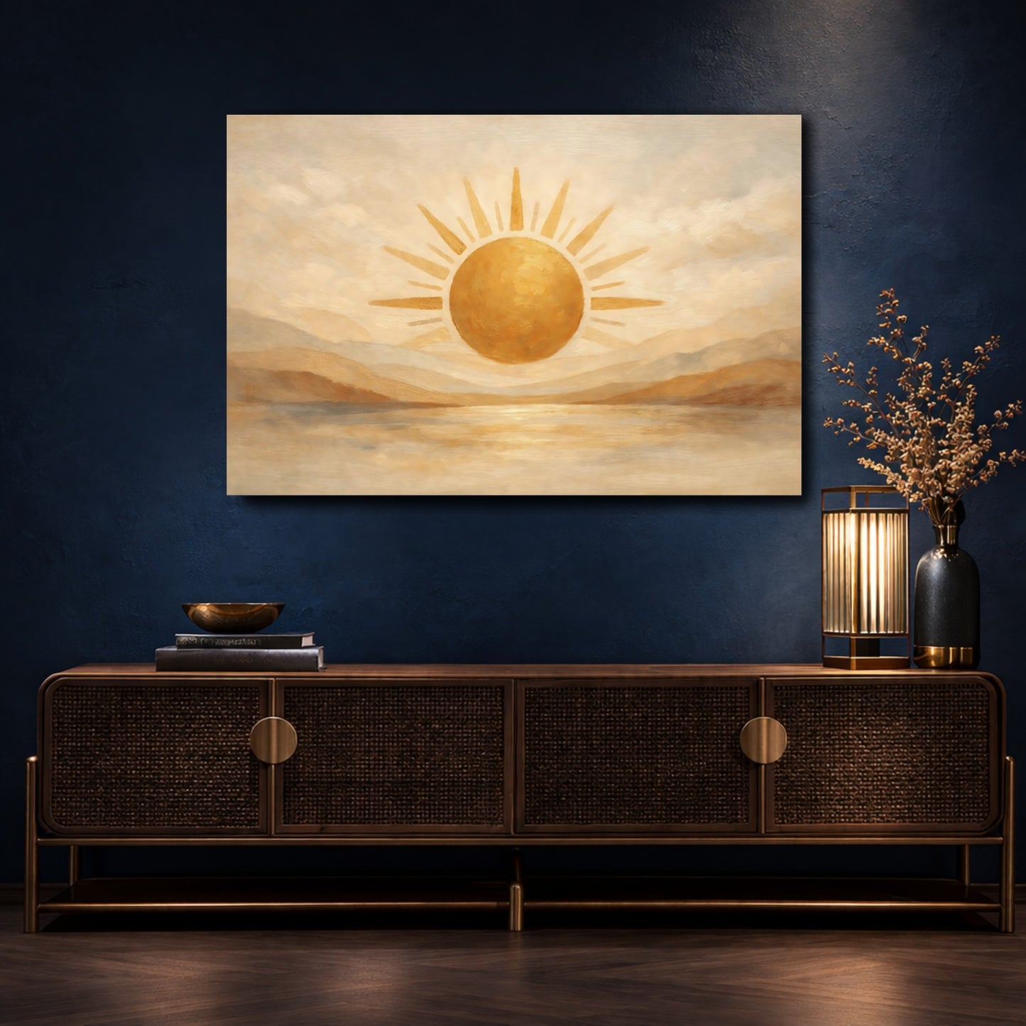 Mockup 4. Nature Golden Sun Golden Beige Landscape shown as stretched canvas wall art