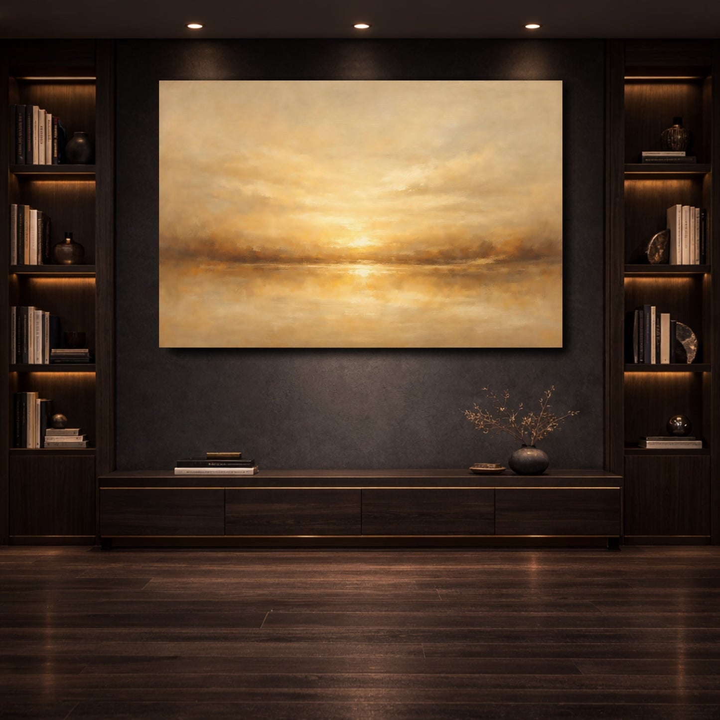 Mockup 3. Nature Golden Sunset Golden And Brown shown as stretched canvas wall art