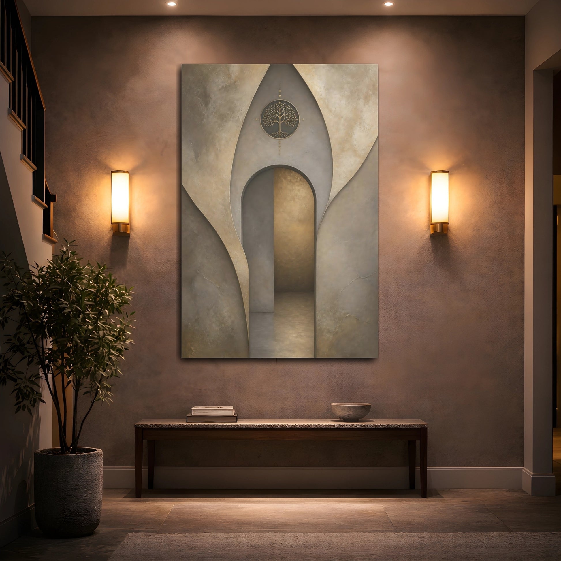 Mockup 2. Nature Golden Tree Brown And Gold shown as stretched canvas wall art