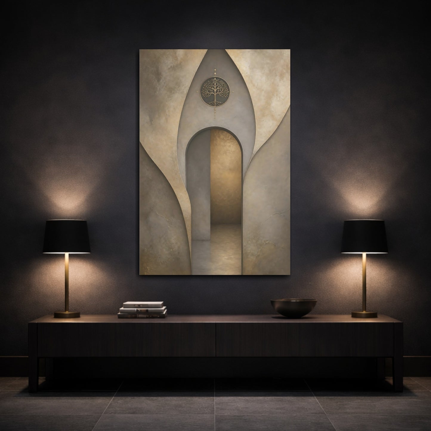 Mockup 3. Nature Golden Tree Brown And Gold shown as stretched canvas wall art
