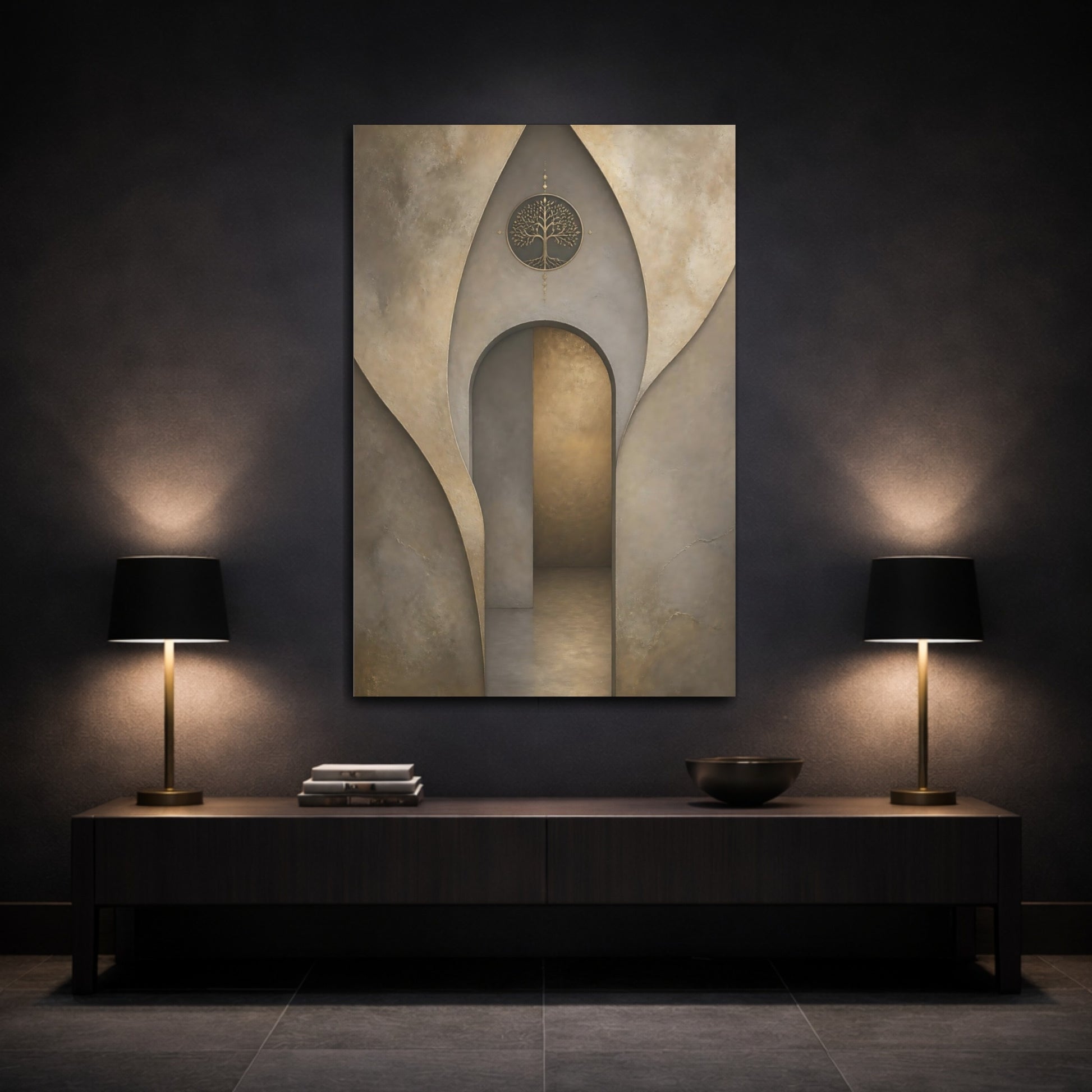Mockup 3. Nature Golden Tree Brown And Gold shown as stretched canvas wall art