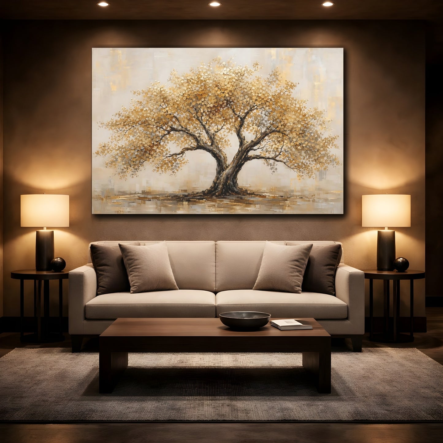 Mockup 2. Nature Golden Tree Gold And Gray shown as stretched canvas wall art