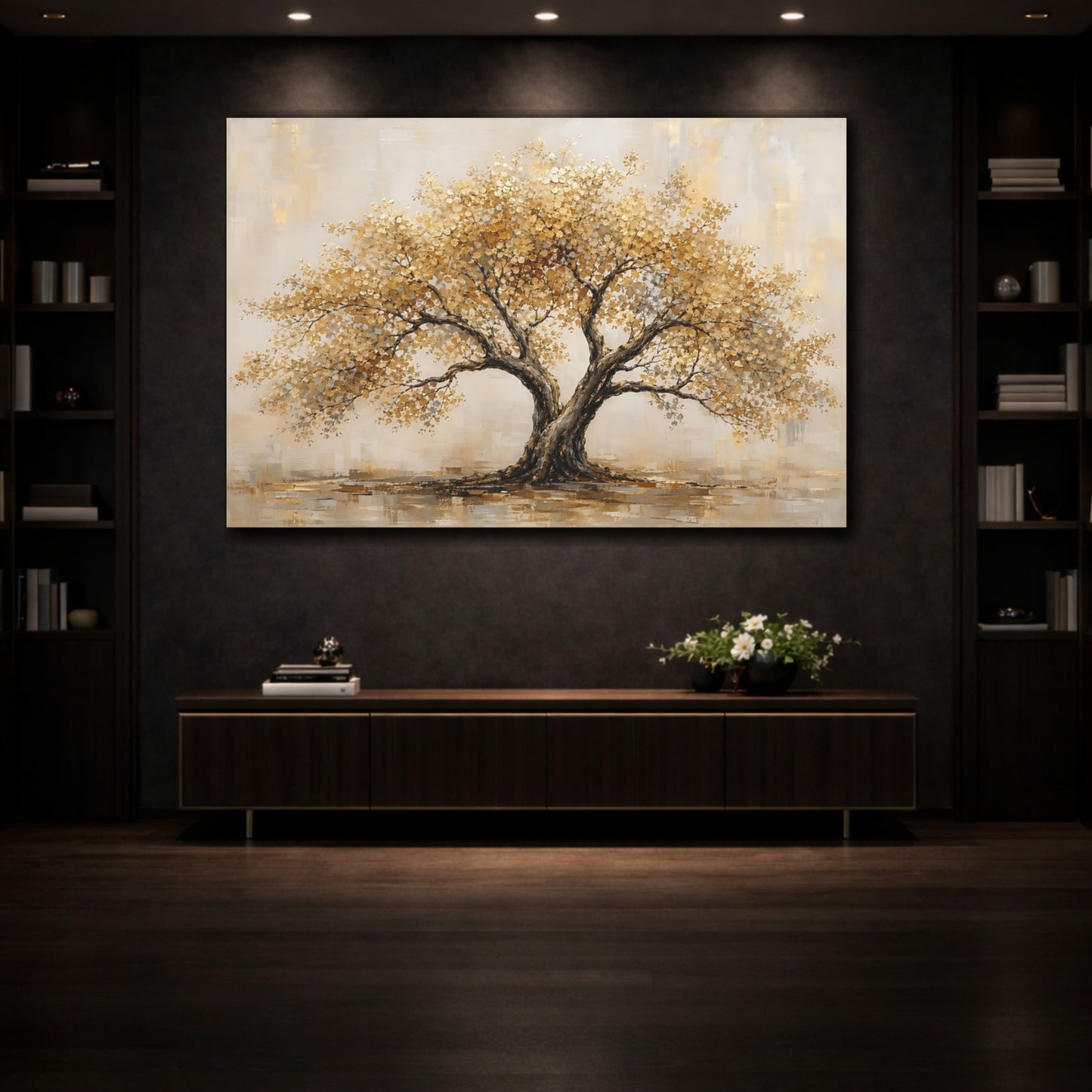 Mockup 3. Nature Golden Tree Gold And Gray shown as stretched canvas wall art