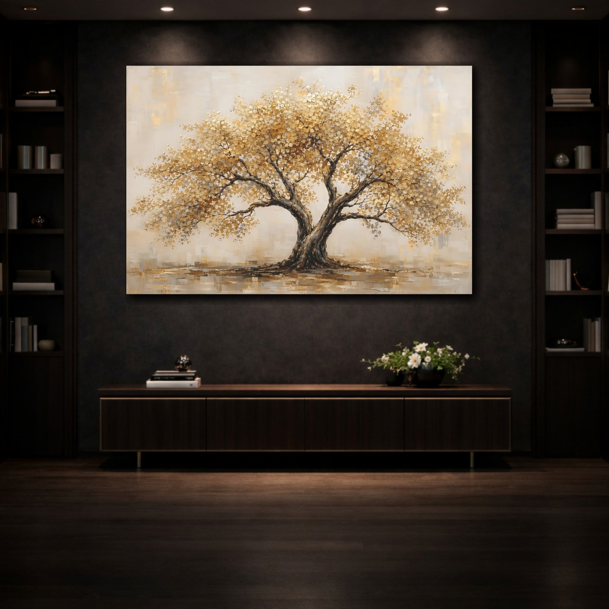 Mockup 3. Nature Golden Tree Gold And Gray shown as stretched canvas wall art