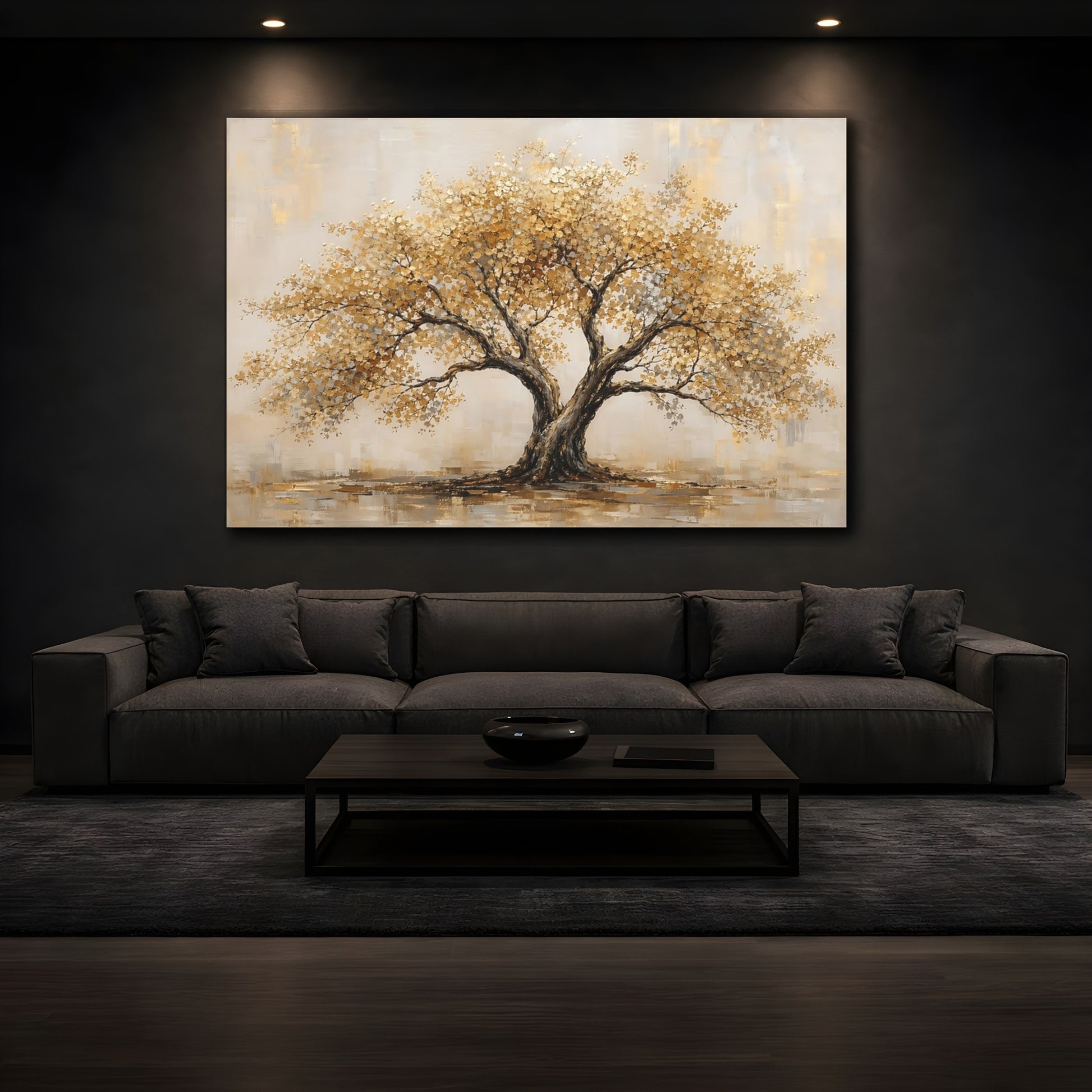 Mockup 4. Nature Golden Tree Gold And Gray shown as stretched canvas wall art
