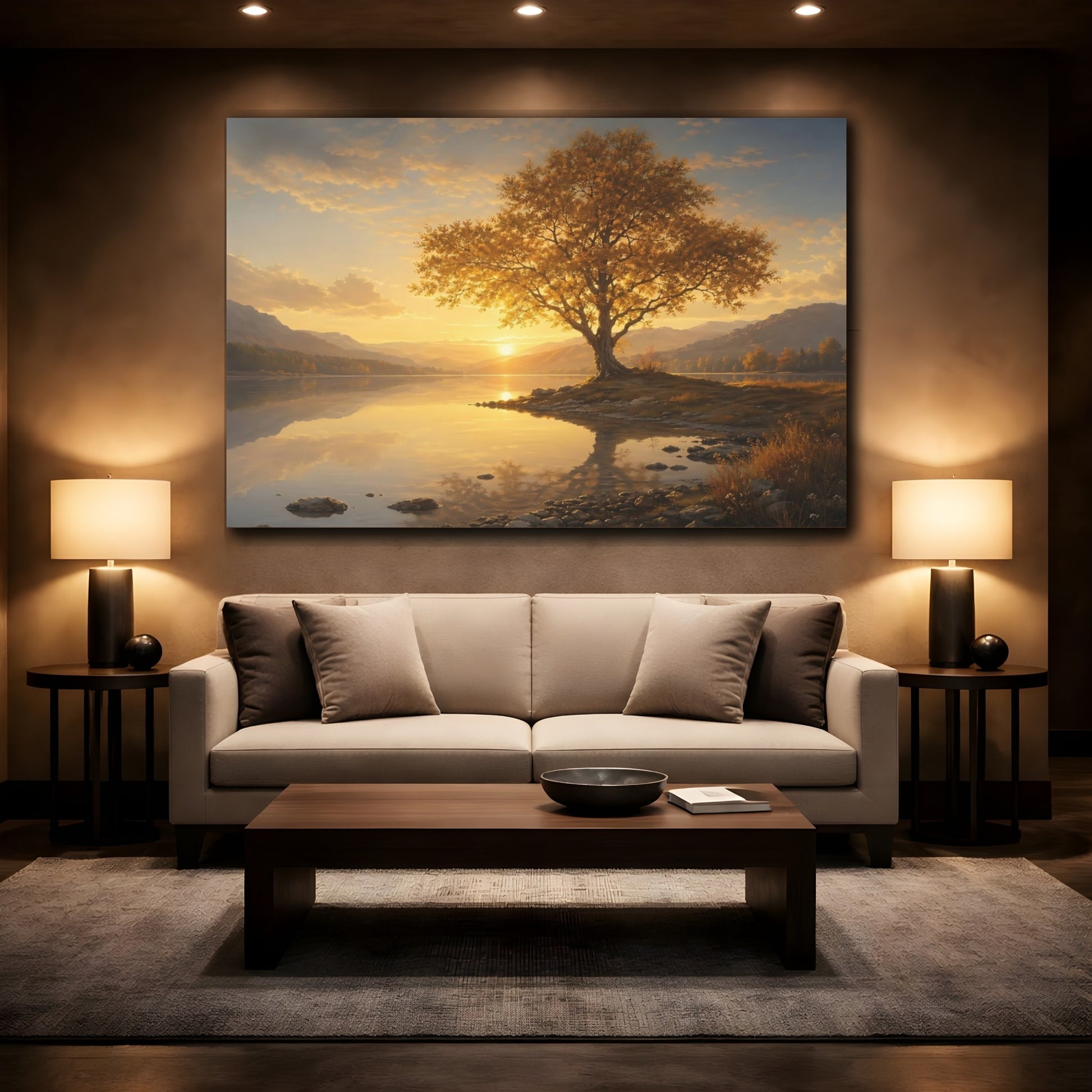 Mockup 2. Nature Golden Tree Golden Sunset Tree shown as stretched canvas wall art