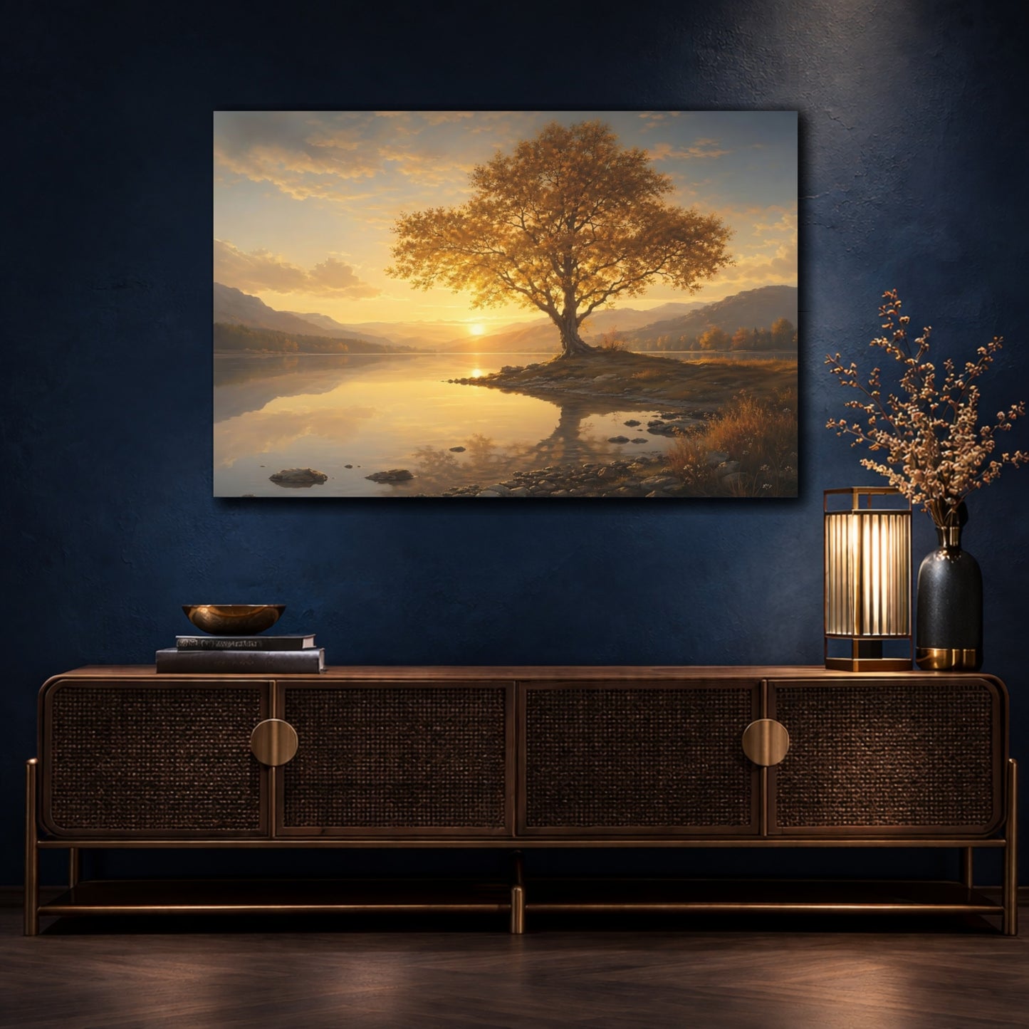 Mockup 4. Nature Golden Tree Golden Sunset Tree shown as stretched canvas wall art