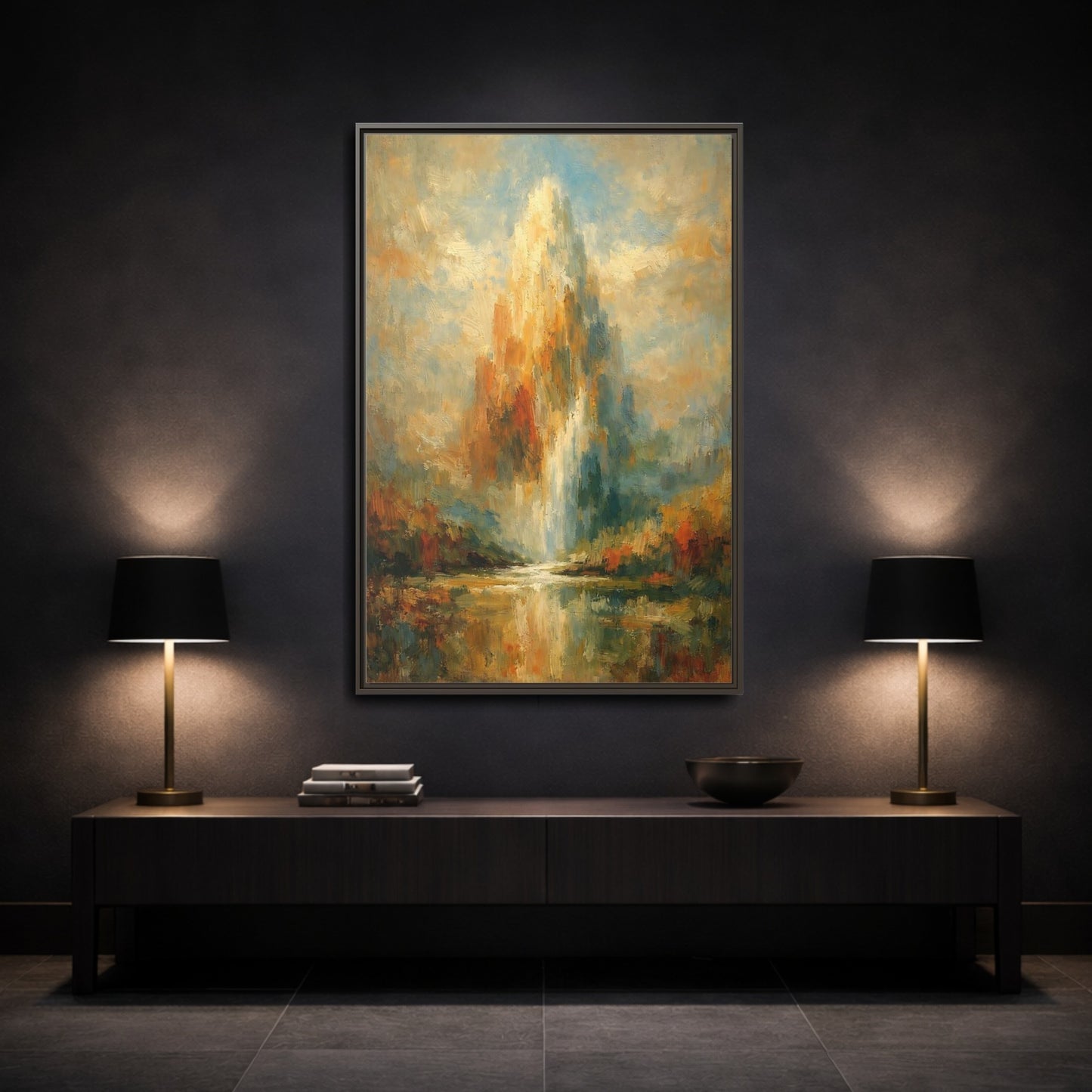 Mockup 2. Nature Golden Waterfall Golden Waterfall shown as stretched canvas wall art