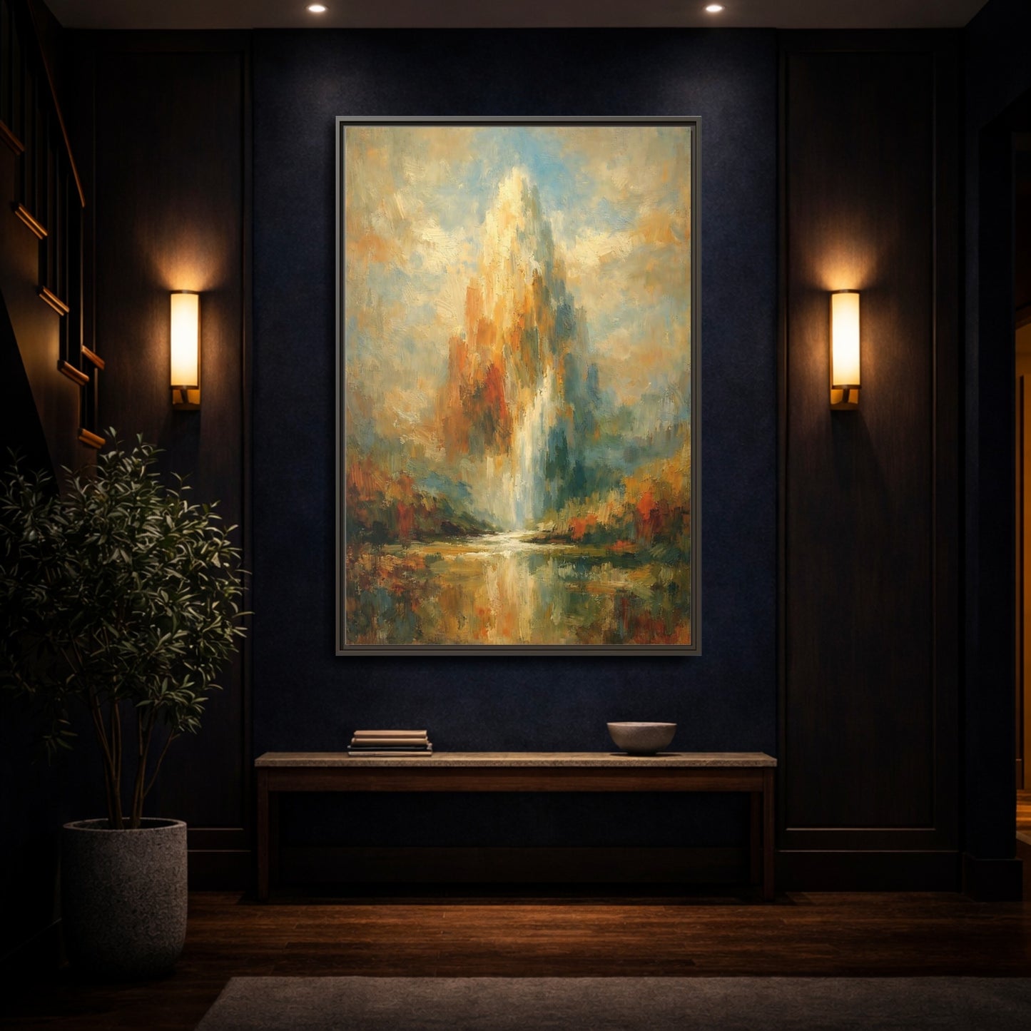 Mockup 3. Nature Golden Waterfall Golden Waterfall shown as stretched canvas wall art