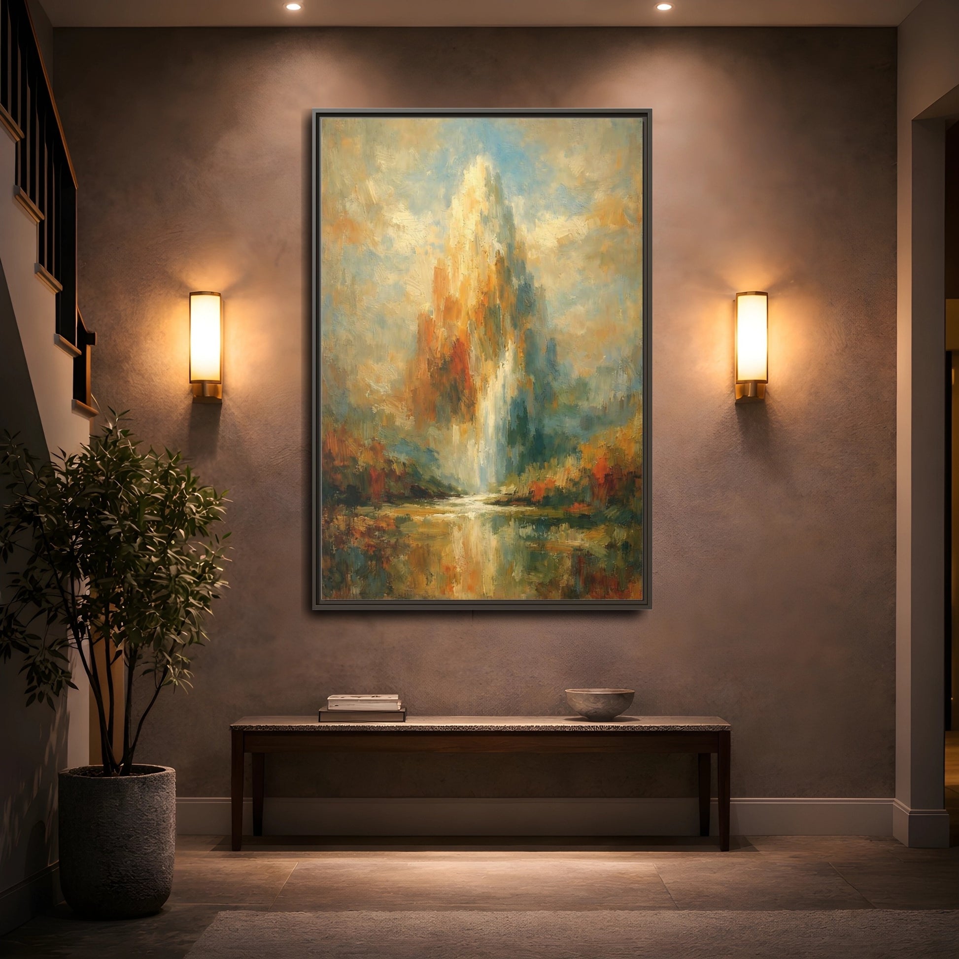 Mockup 4. Nature Golden Waterfall Golden Waterfall shown as stretched canvas wall art