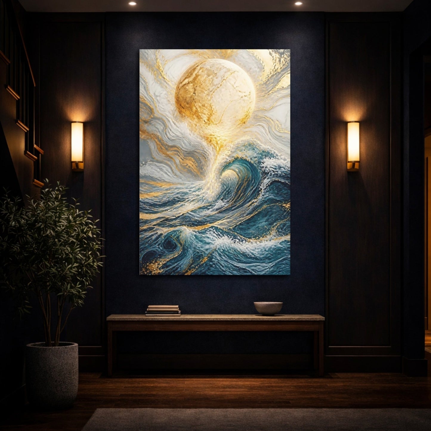 Nature Golden Wave Blue Gold Canvas Print – Living Room, Above Console Table, - YesArtYes