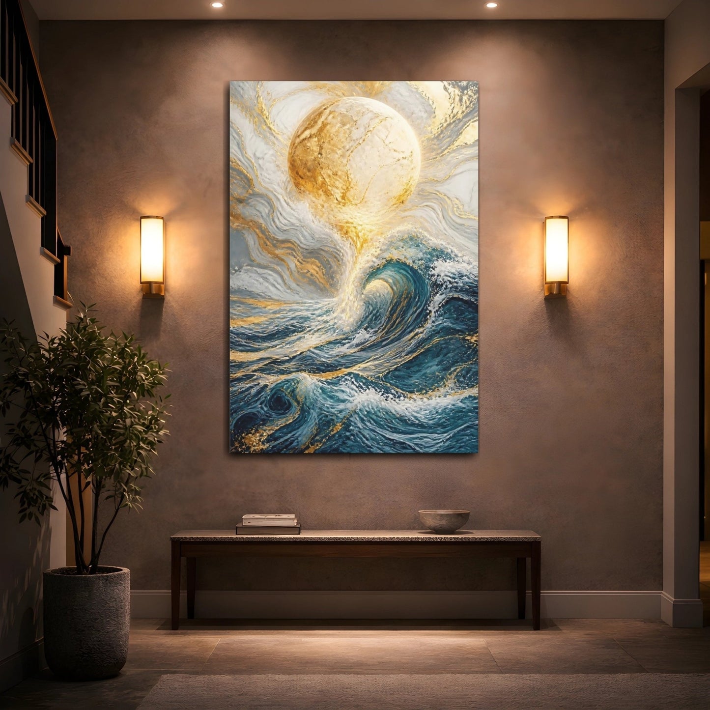 Nature Golden Wave Blue Gold Canvas Print – Living Room, Above Console Table, - YesArtYes