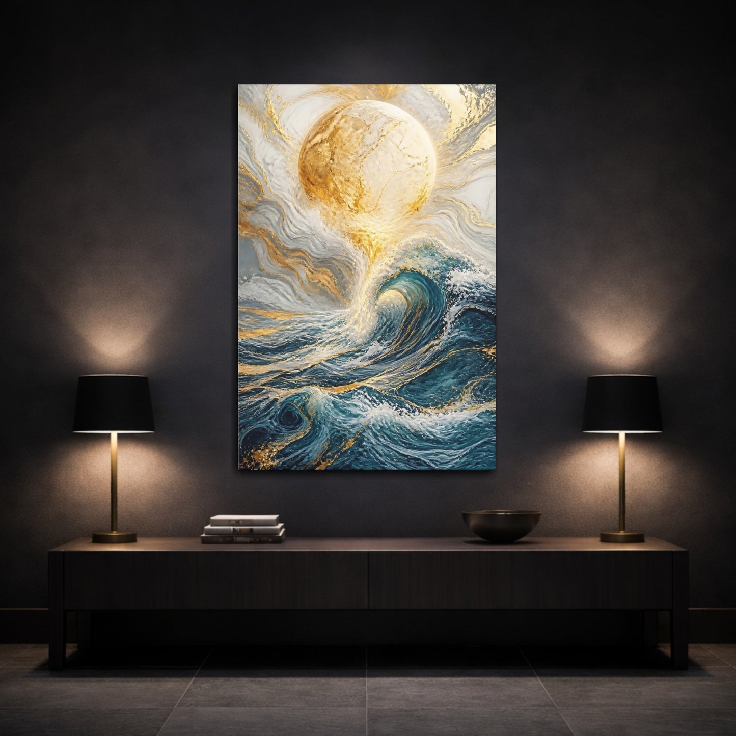 Mockup 3. Nature Golden Wave Blue Gold shown as stretched canvas wall art