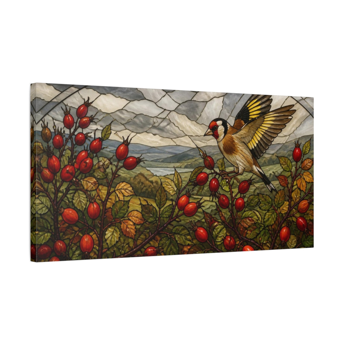 Side Mockup 1. Nature Goldfinch On Rosehips shown as canvas print