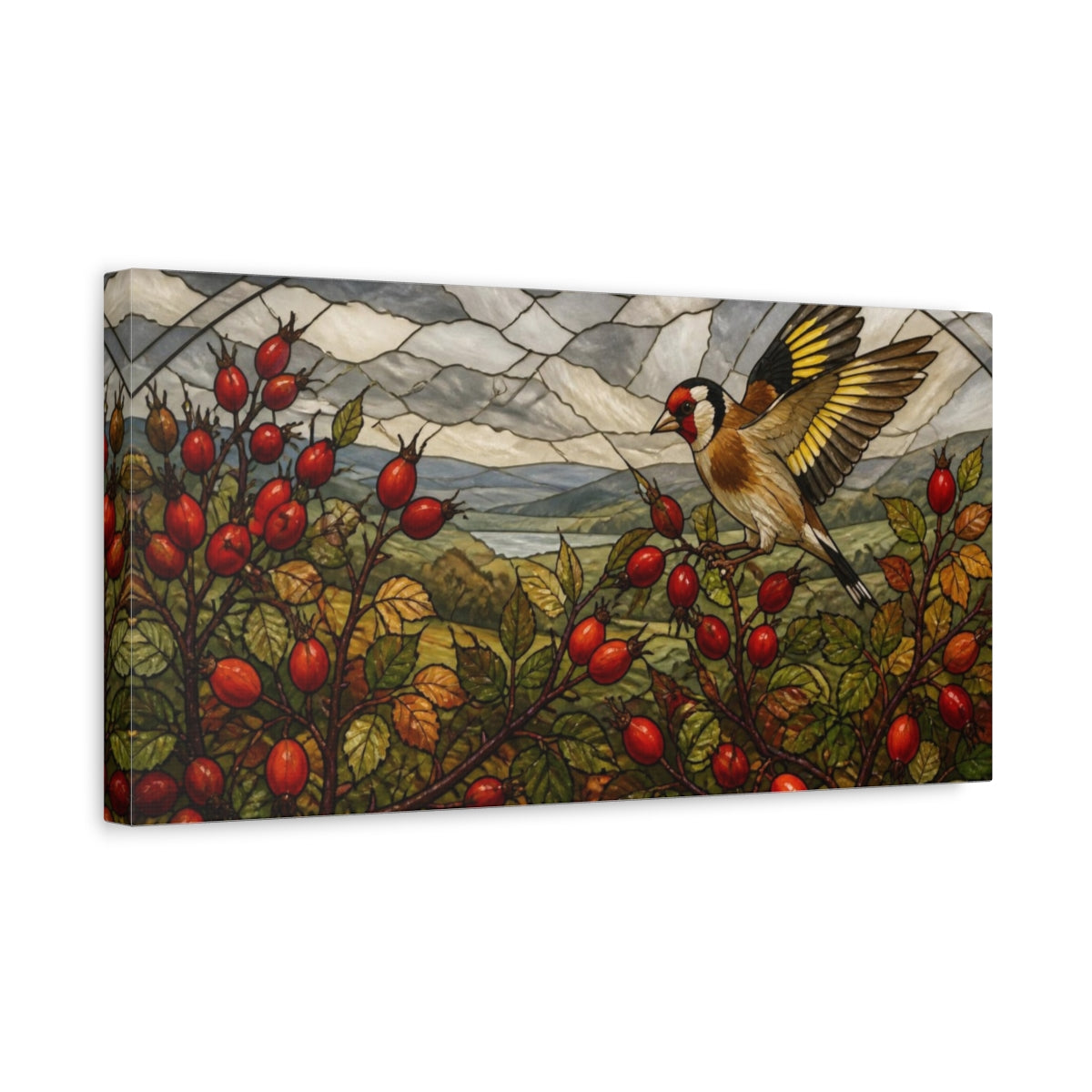Side Mockup 3. Nature Goldfinch On Rosehips shown as canvas print