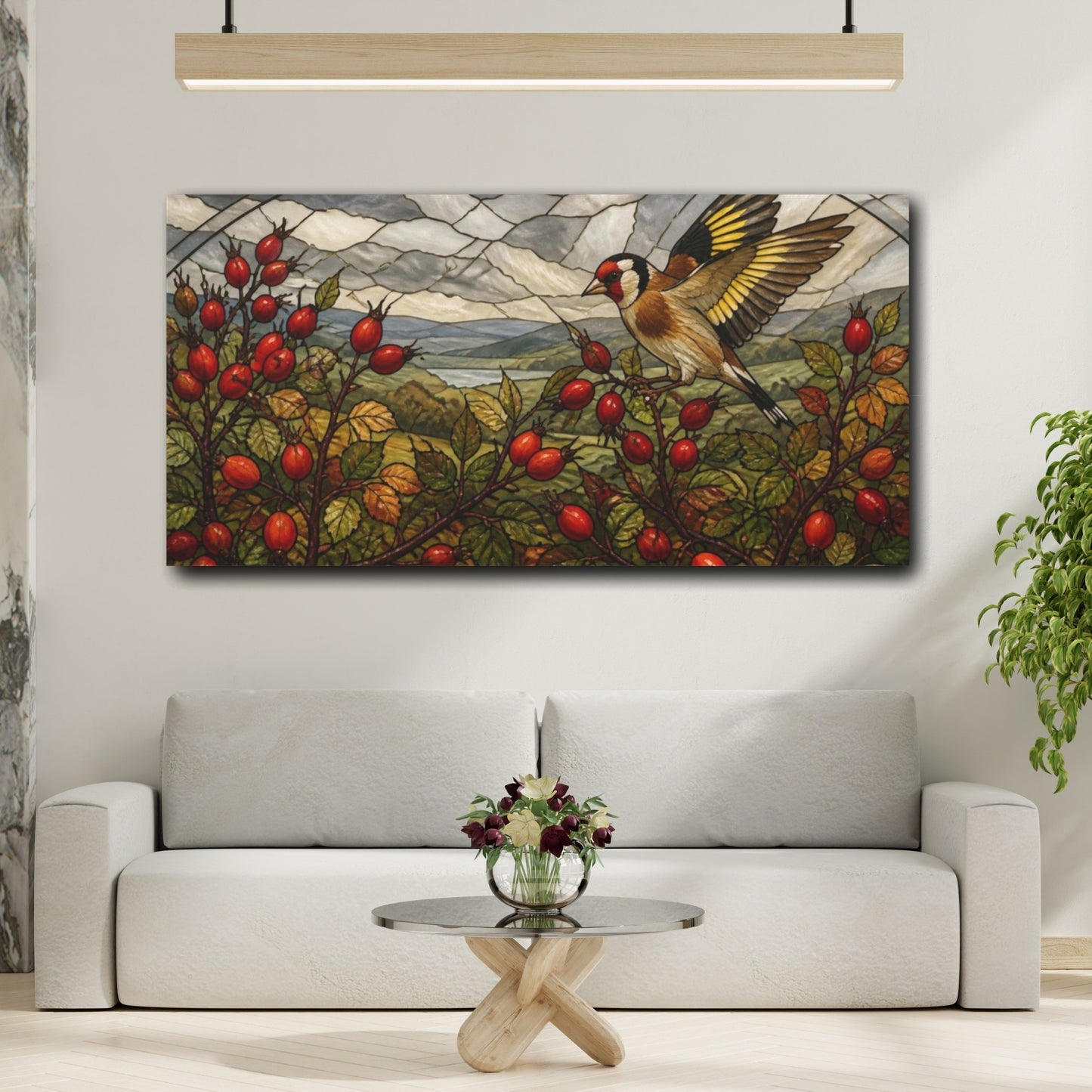 Mockup 2. Nature Goldfinch On Rosehips shown as canvas print